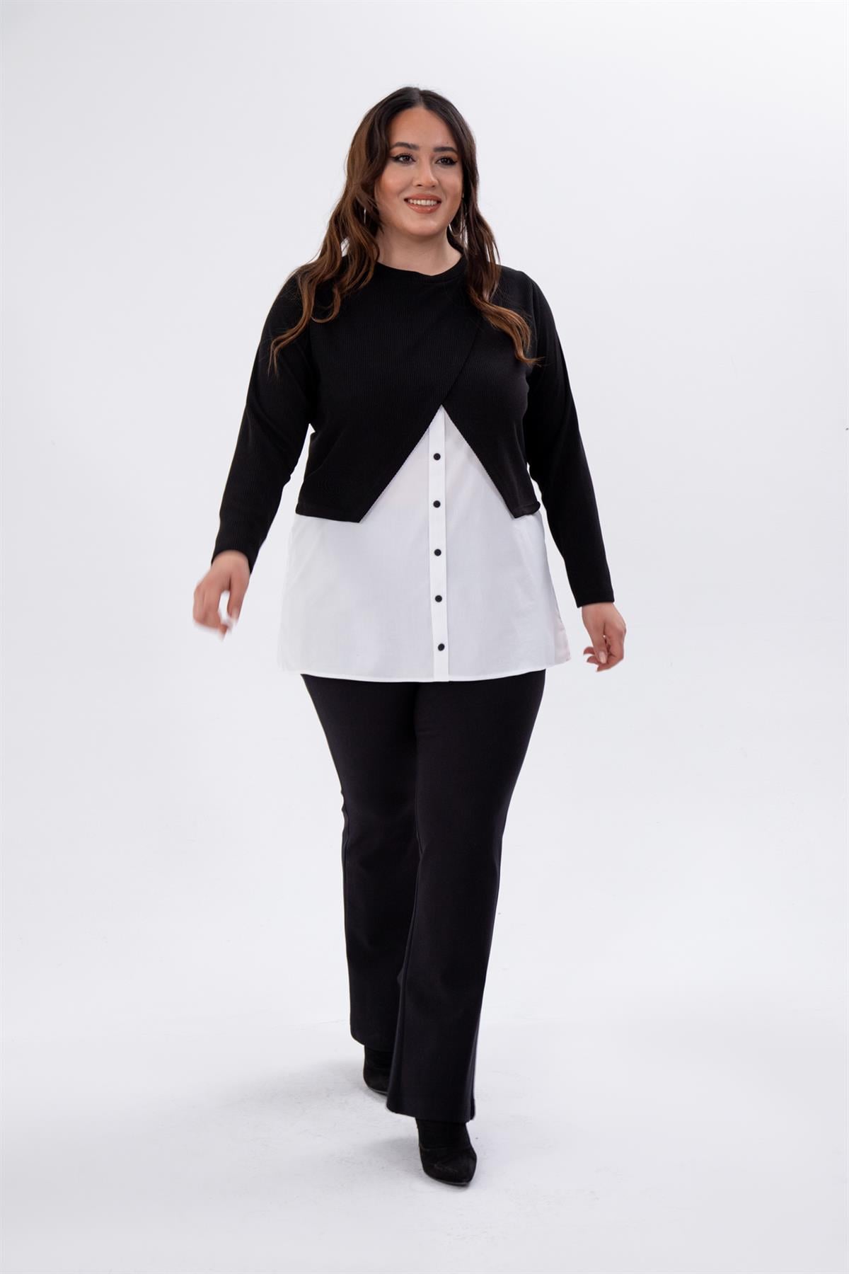 Büyük Beden 333714 Gömlek Deyatlı Tunik  Siyah-Beyaz