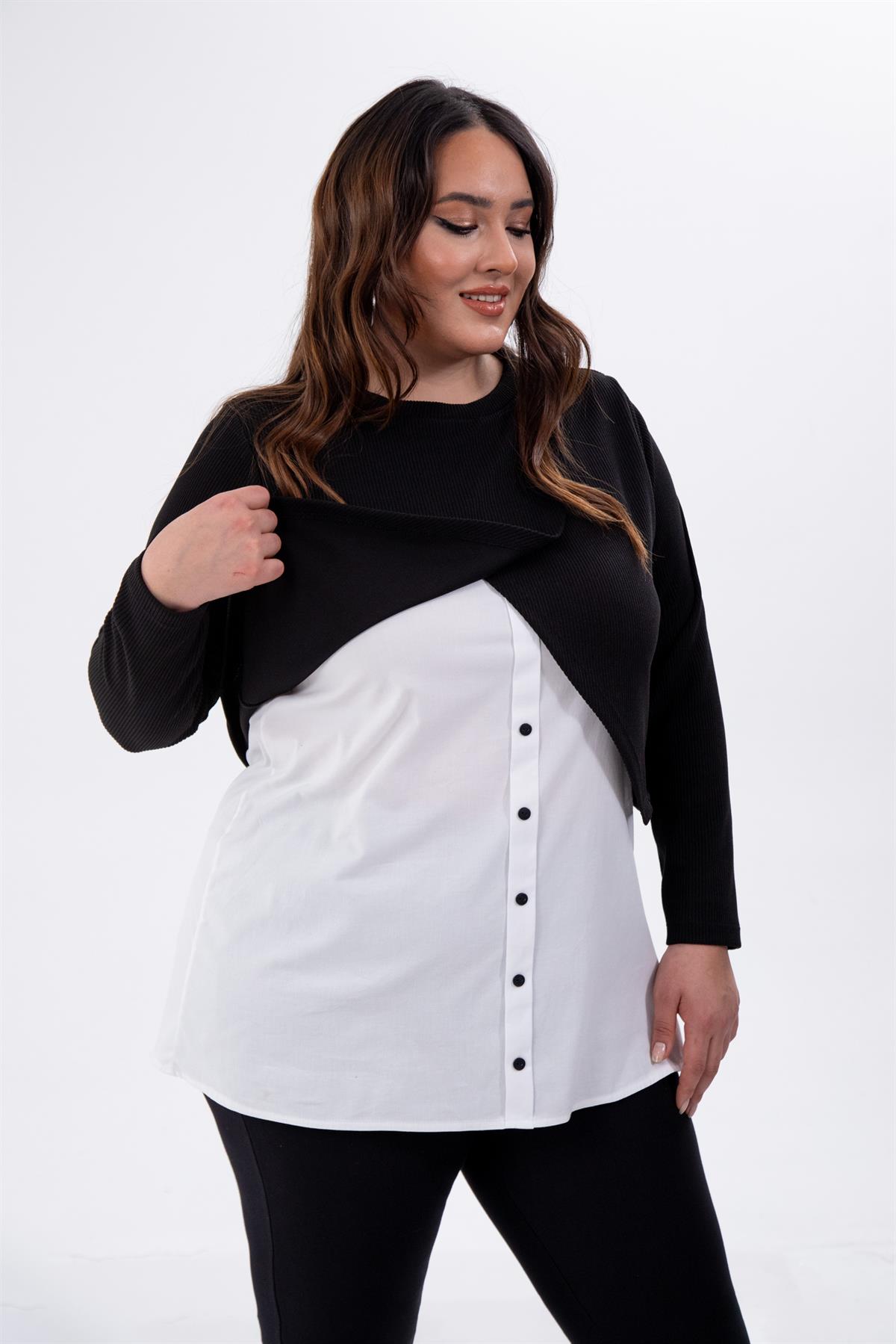 Büyük Beden 333714 Gömlek Deyatlı Tunik  Siyah-Beyaz