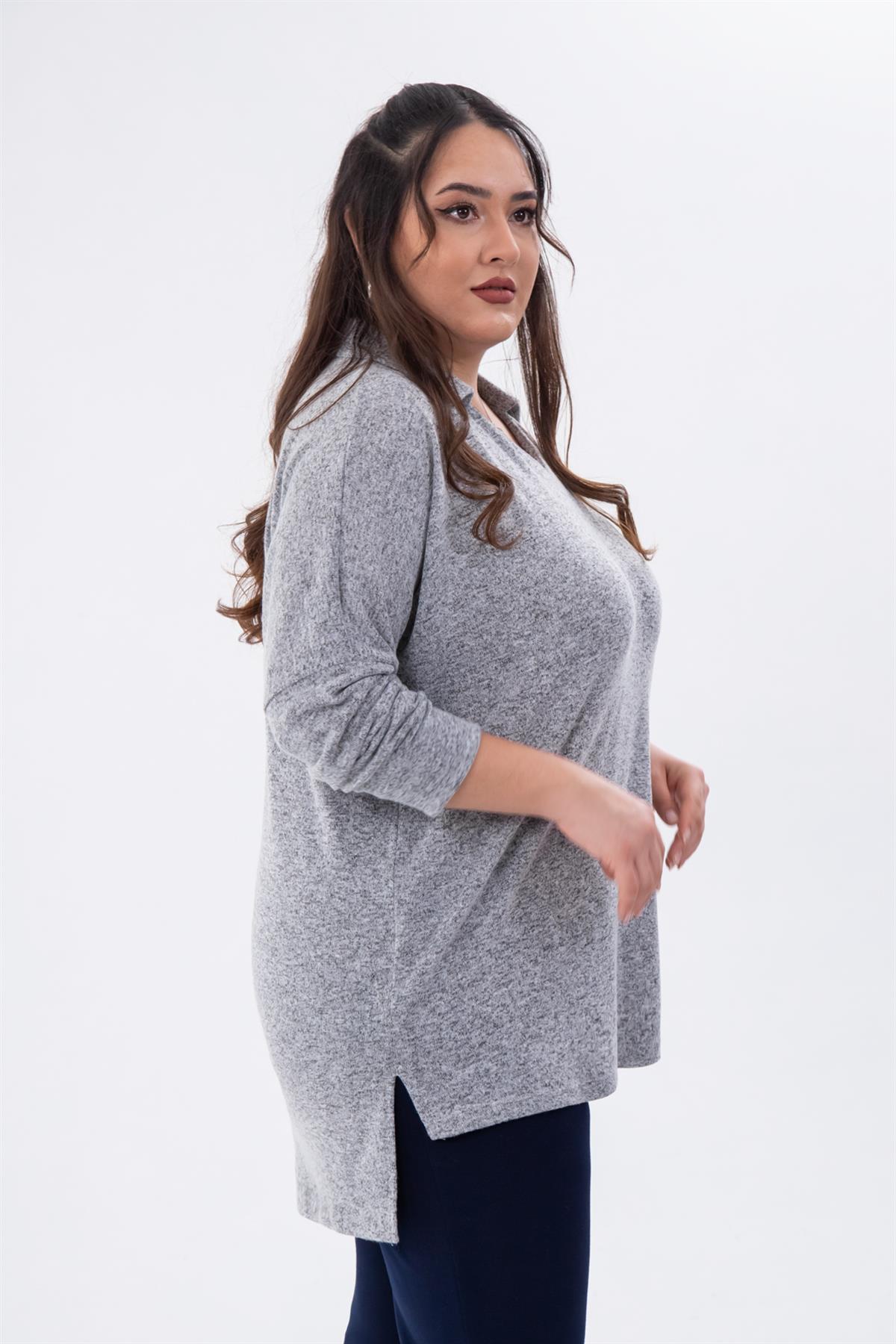 Büyük Beden 333739 Gömlek Yaka Bluz  Gri