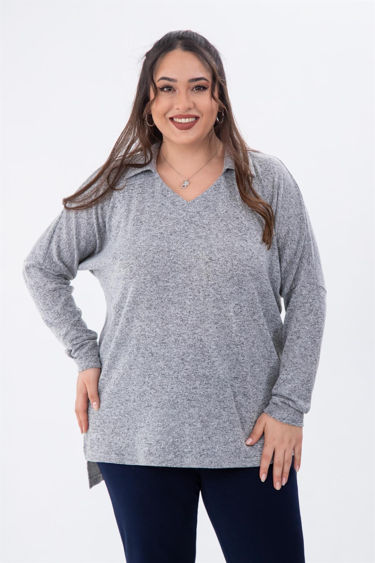 Büyük Beden 333739 Gömlek Yaka Bluz  Gri