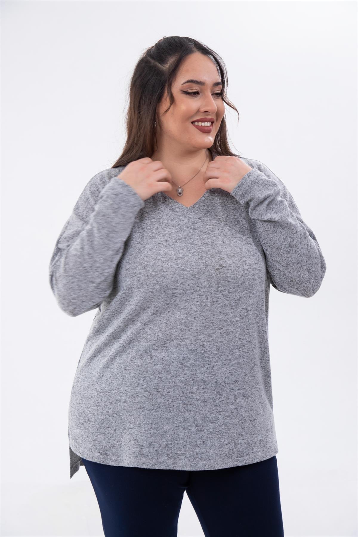 Büyük Beden 333739 Gömlek Yaka Bluz  Gri