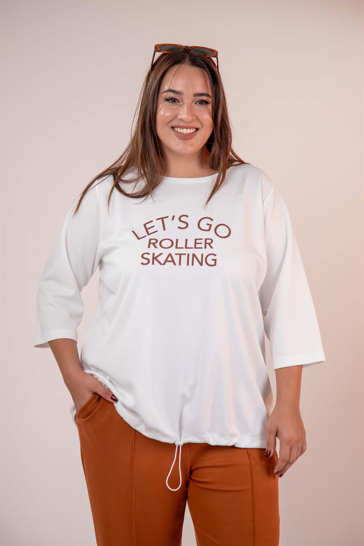 Büyük Beden 33374 Önü Baskılı Sweat  Beyaz