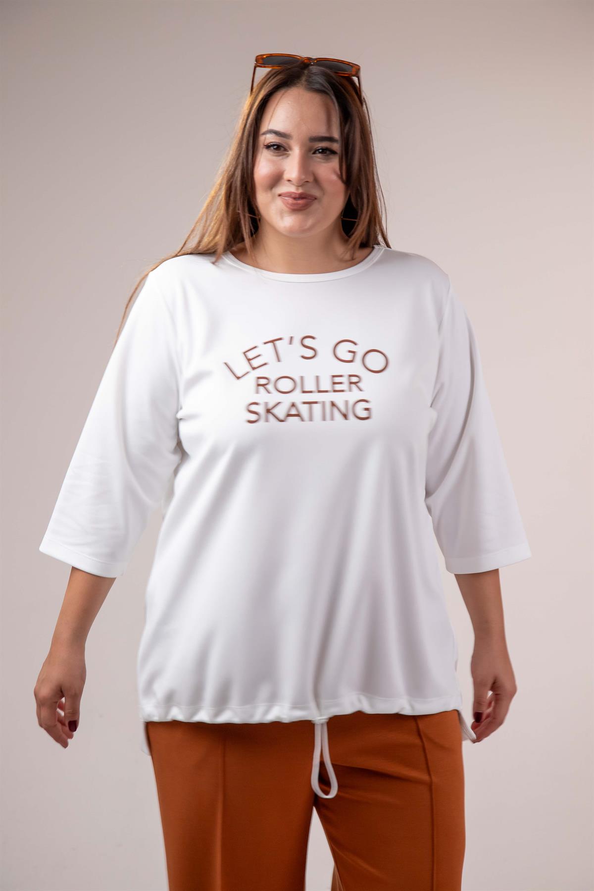 Büyük Beden 33374 Önü Baskılı Sweat  Beyaz