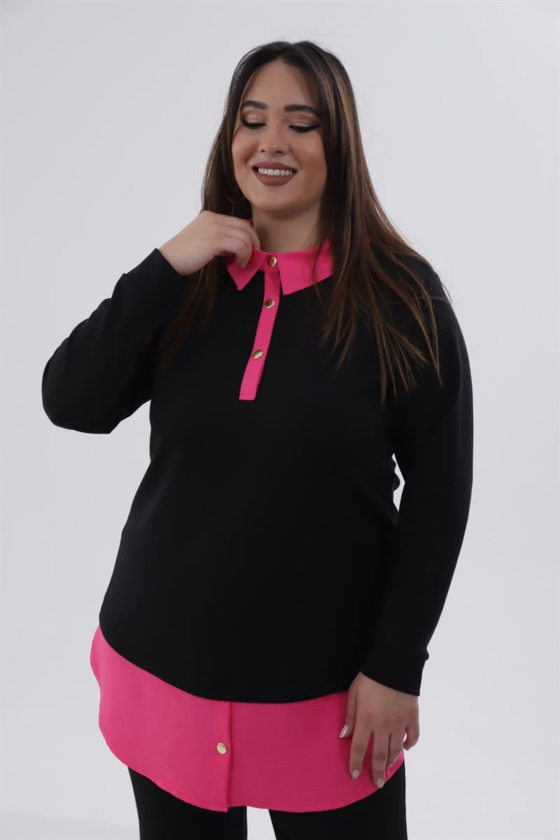 Büyük Beden 333743 Yakası Zincir Detaylı Bluz Siyah-Fuşya