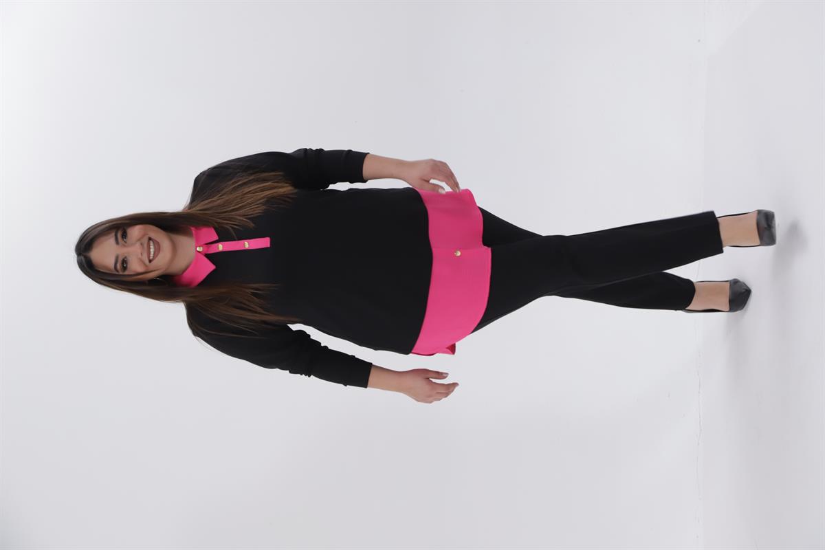 Büyük Beden 333743 Yakası Zincir Detaylı Bluz Siyah-Fuşya