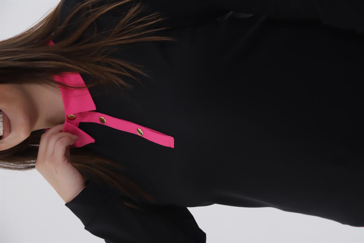 Büyük Beden 333743 Yakası Zincir Detaylı Bluz Siyah-Fuşya