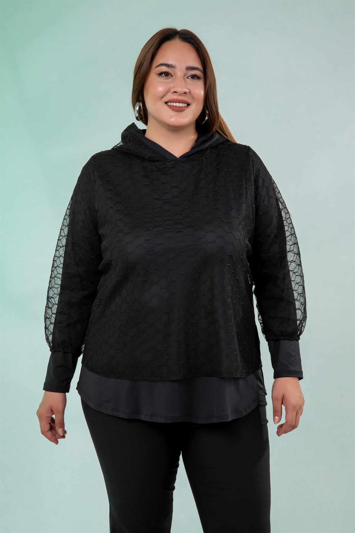 Büyük Beden 333745 Tül Dantelli Bluz  Siyah