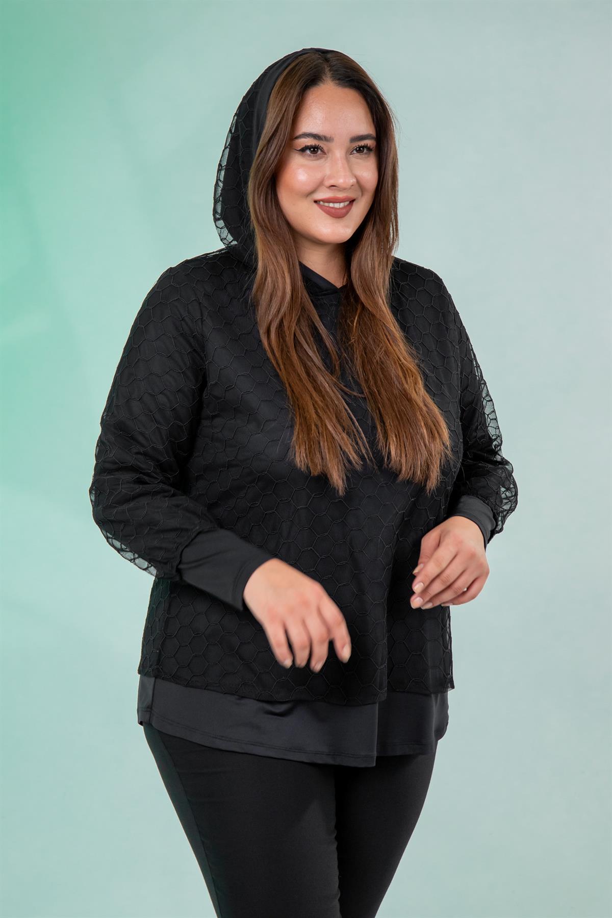 Büyük Beden 333745 Tül Dantelli Bluz  Siyah