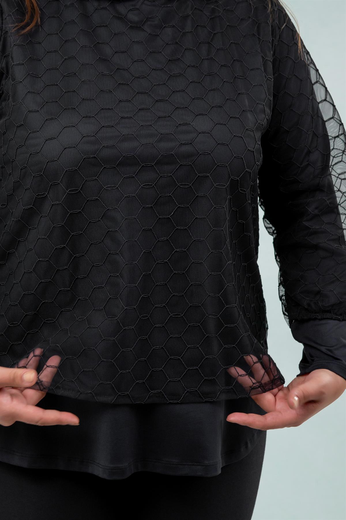 Büyük Beden 333745 Tül Dantelli Bluz  Siyah