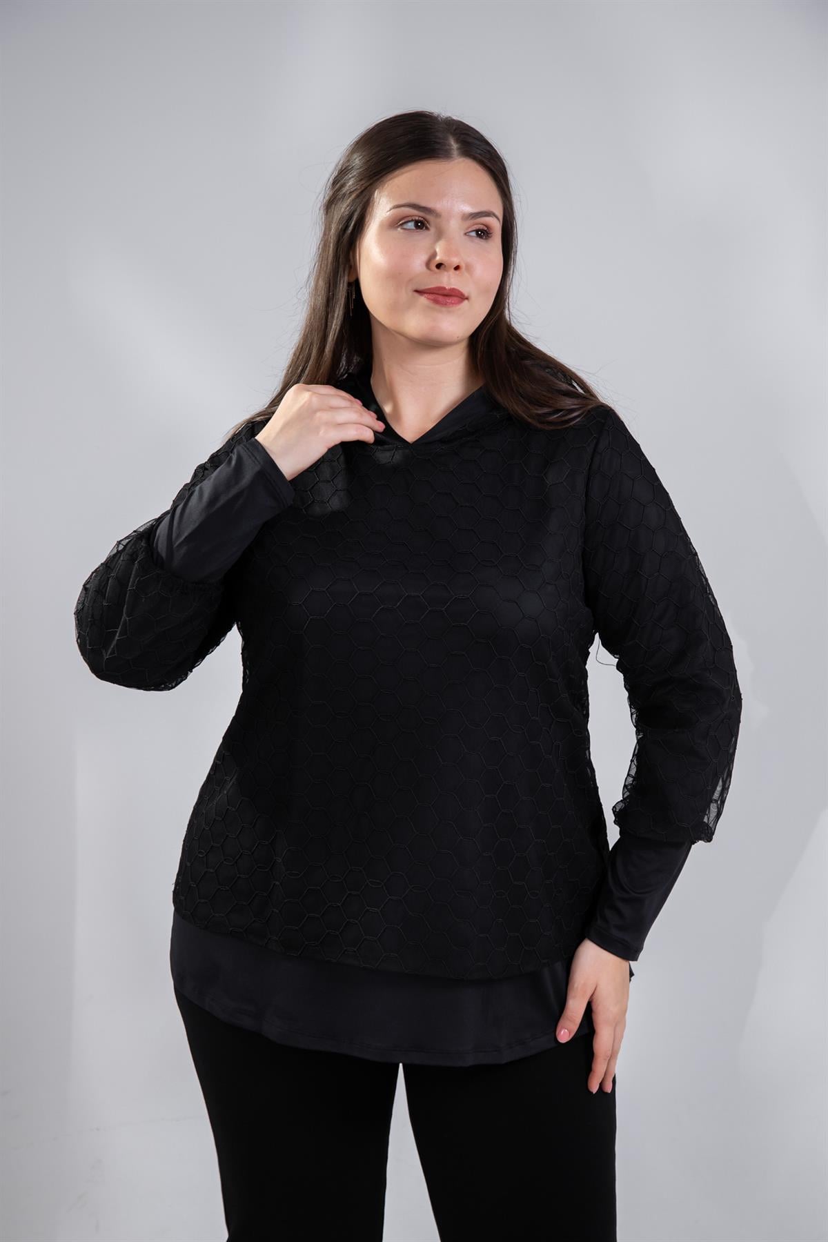 Büyük Beden 333745 Tül Dantelli Bluz  Siyah
