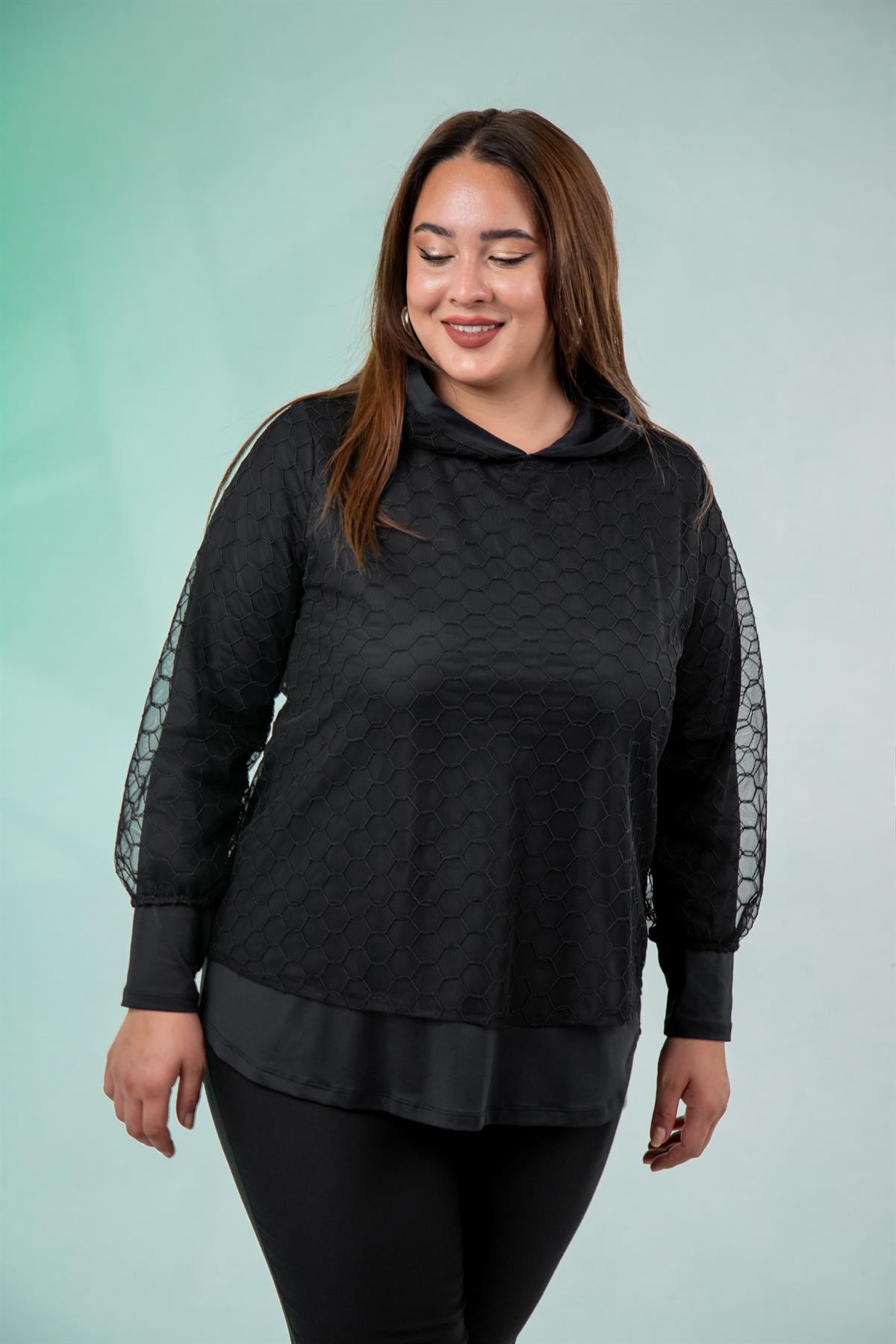 Büyük Beden 333745 Tül Dantelli Bluz  Siyah