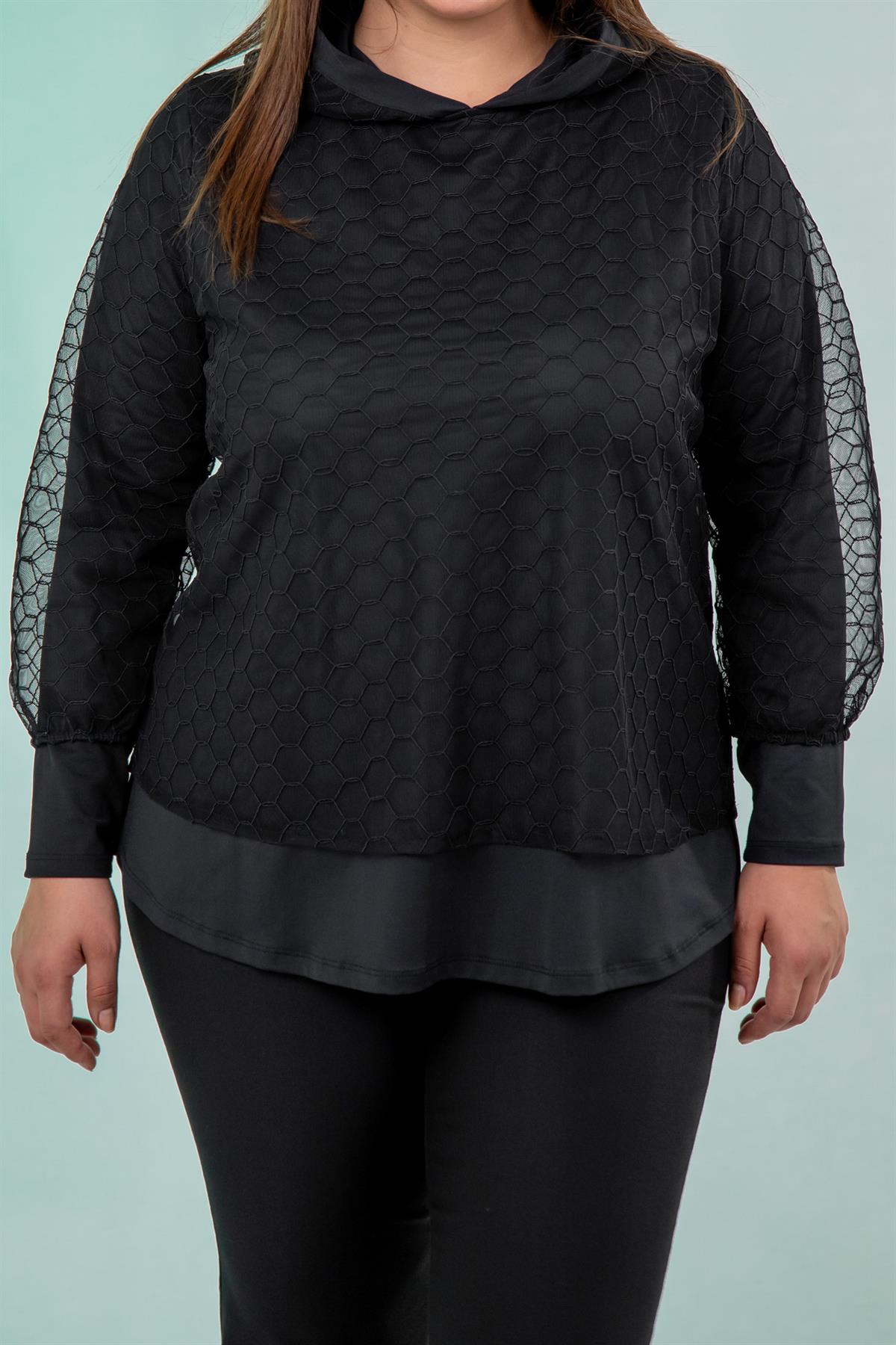Büyük Beden 333745 Tül Dantelli Bluz  Siyah
