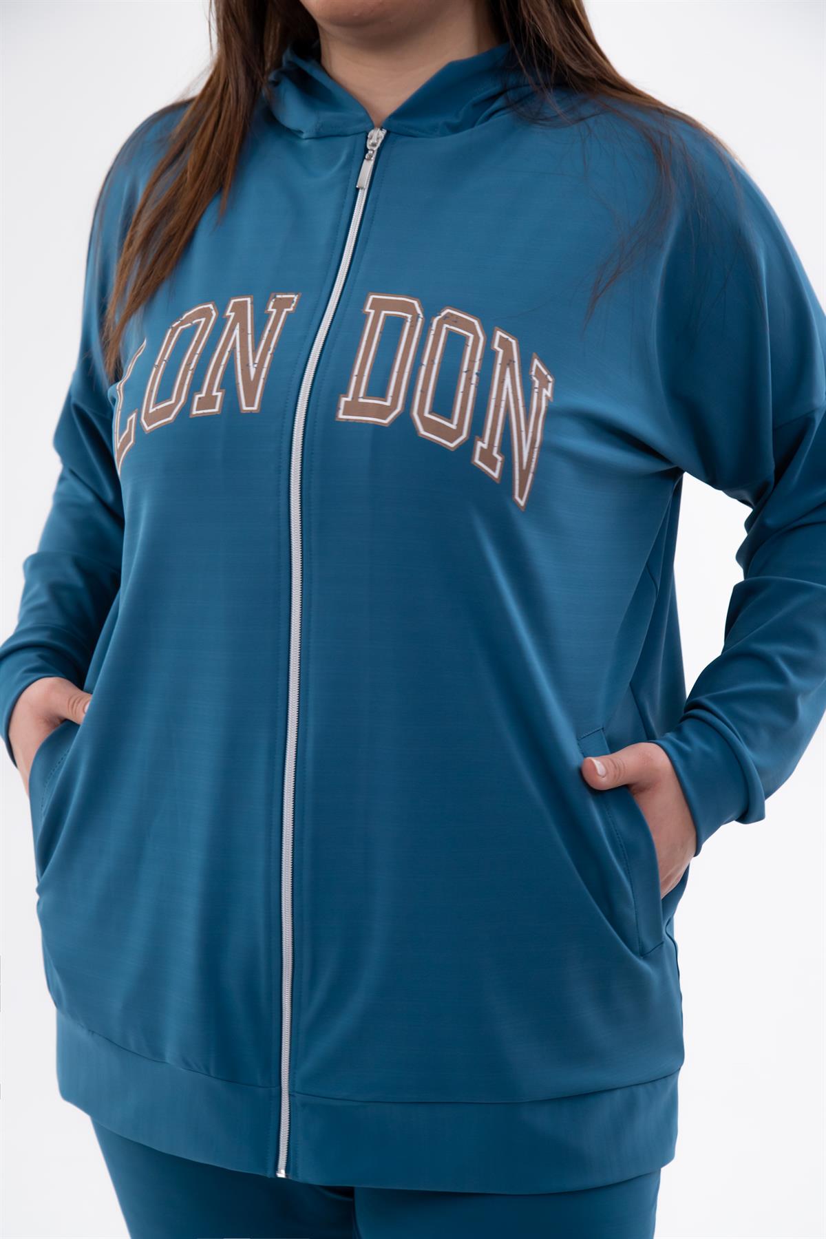 Büyük Beden 333757 London Baskılı Eşofman Takım  Petrol Mavi