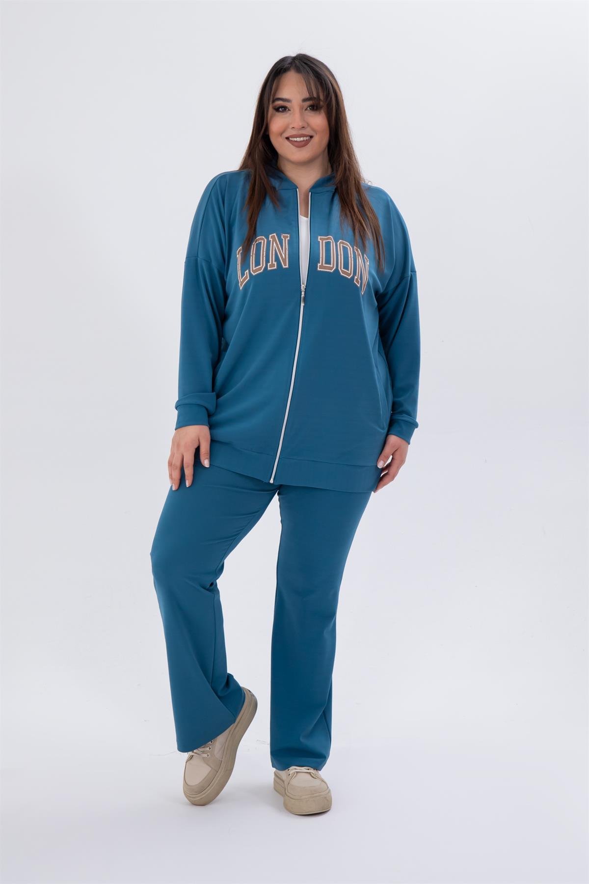 Büyük Beden 333757 London Baskılı Eşofman Takım  Petrol Mavi