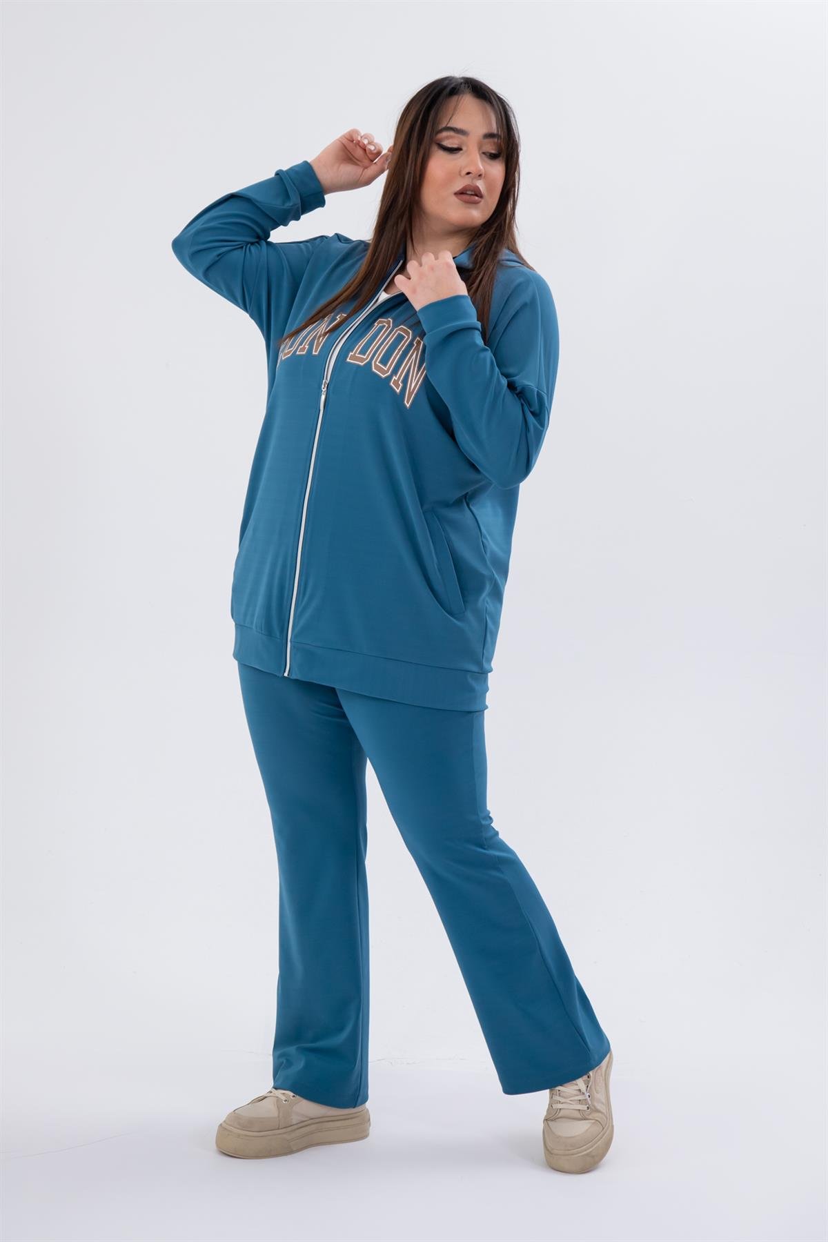 Büyük Beden 333757 London Baskılı Eşofman Takım  Petrol Mavi