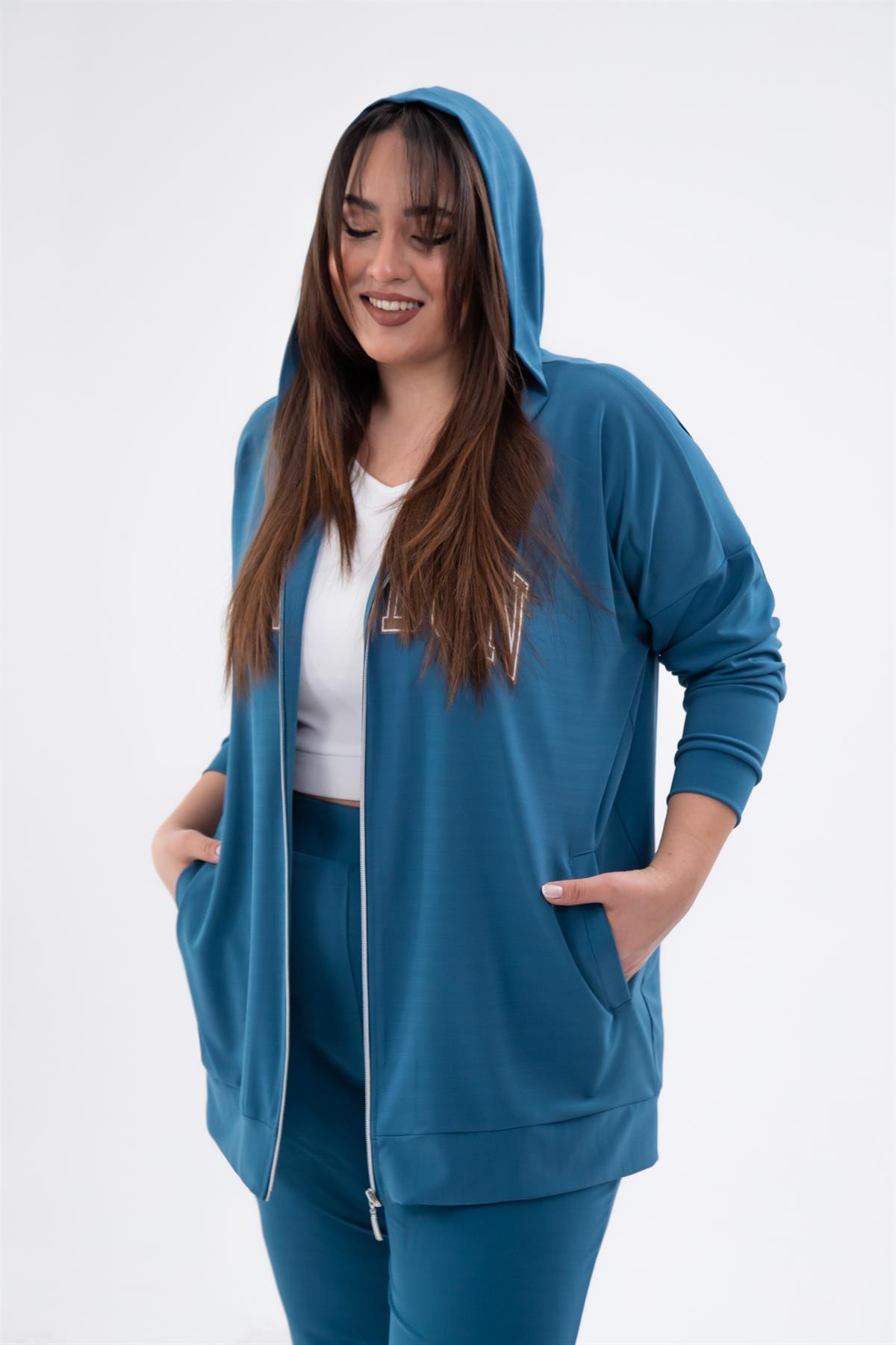 Büyük Beden 333757 London Baskılı Eşofman Takım  Petrol Mavi