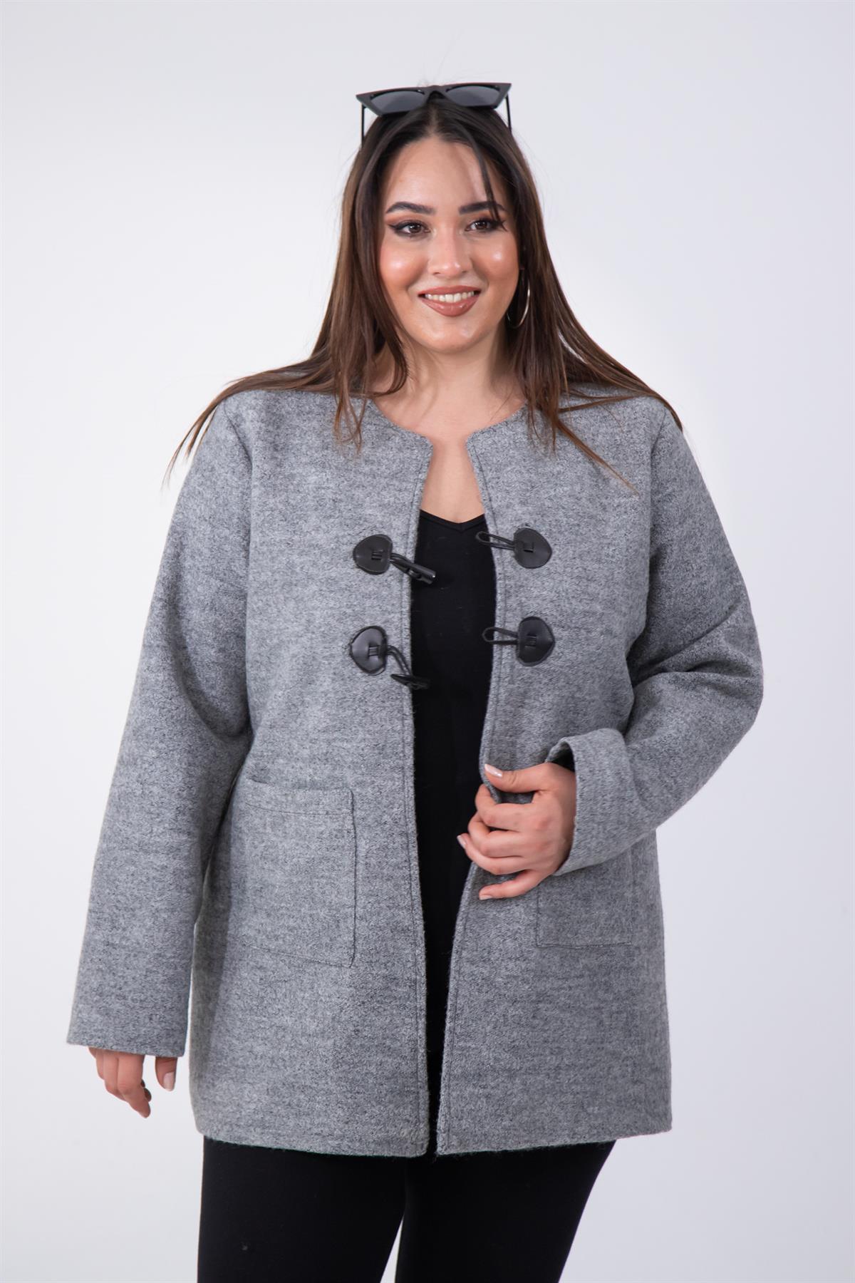 Büyük Beden 333759 Bisiklet Yaka Melanjlı Kaşe Kaban  Gri