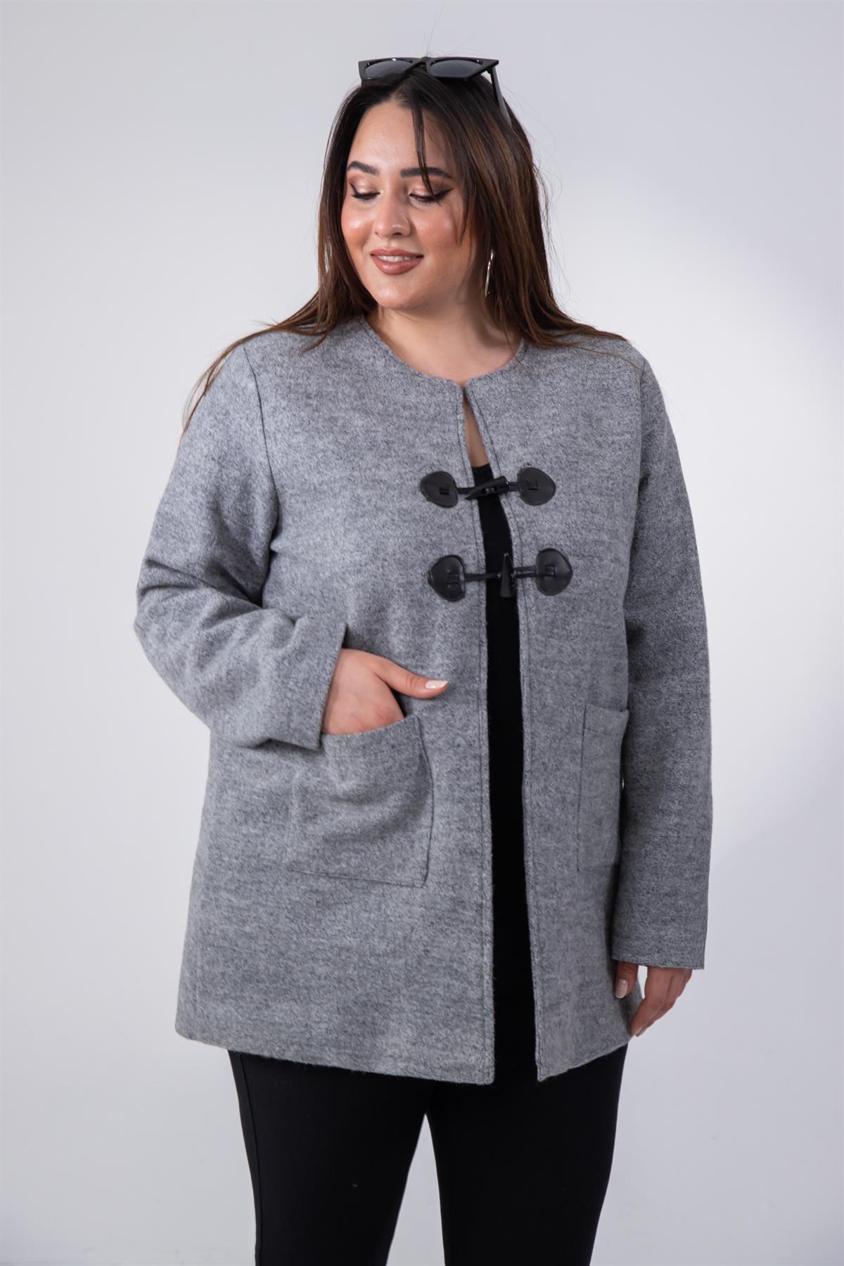 Büyük Beden 333759 Bisiklet Yaka Melanjlı Kaşe Kaban  Gri