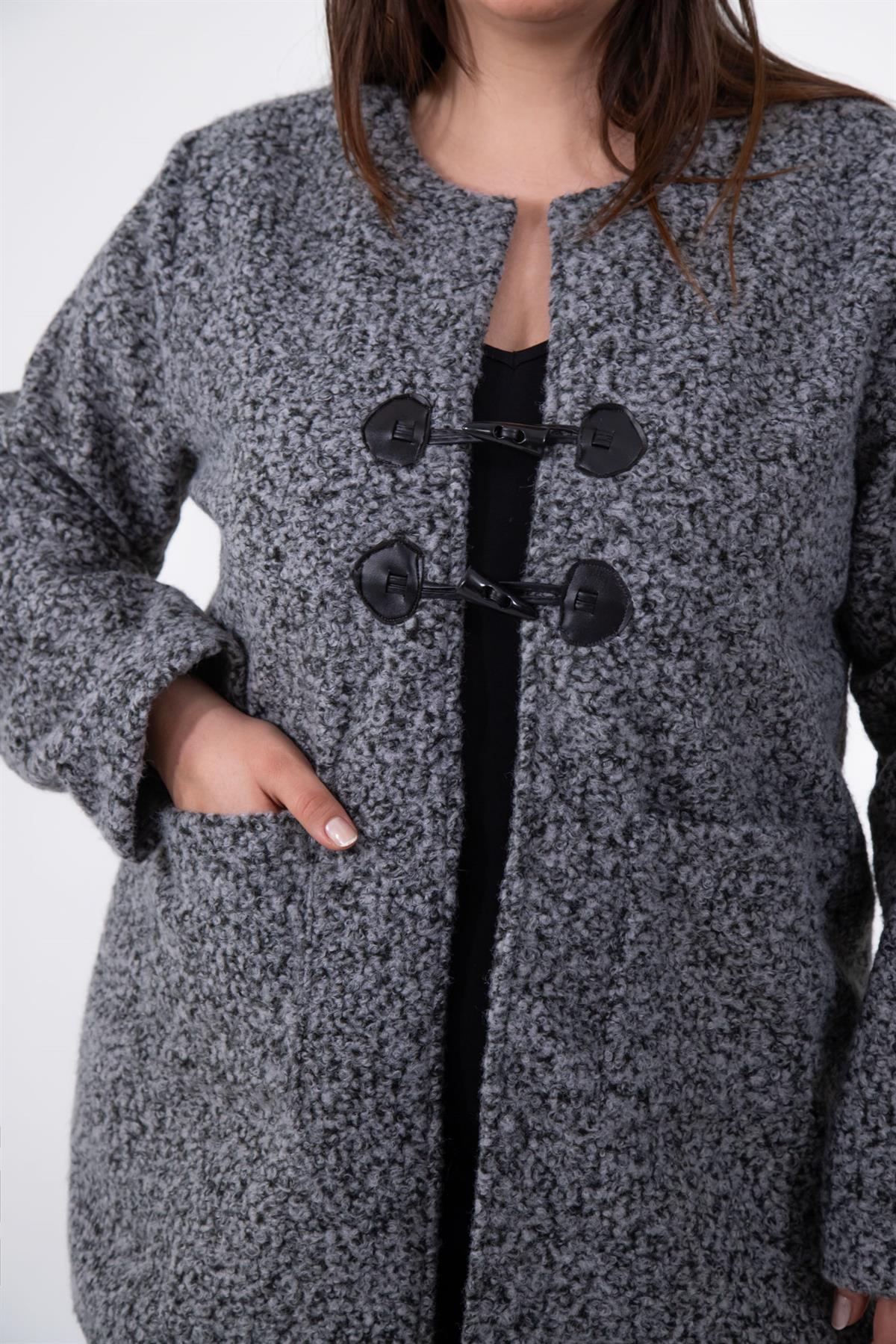 Büyük Beden 333759 Bisiklet Yaka Melanjlı Kaşe Kaban  Antrasit