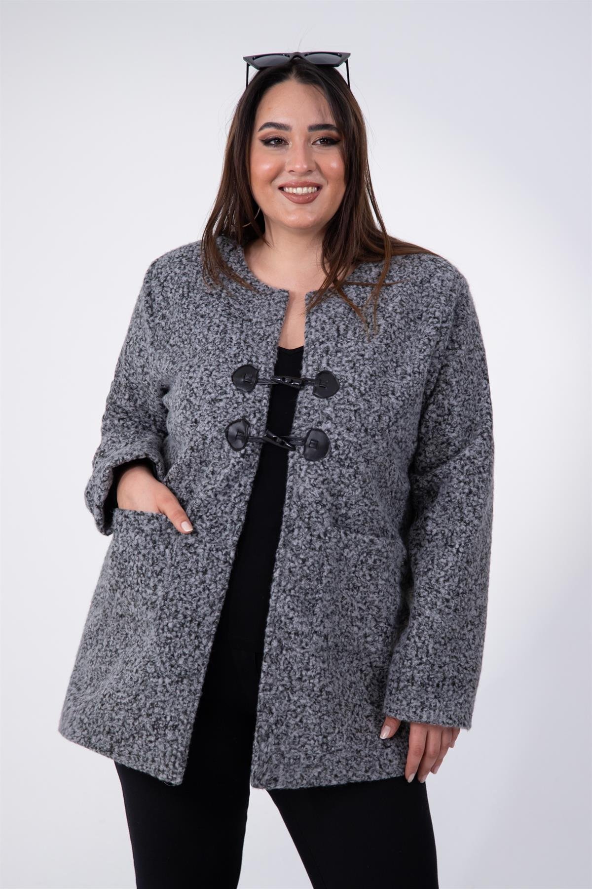 Büyük Beden 333759 Bisiklet Yaka Melanjlı Kaşe Kaban  Antrasit