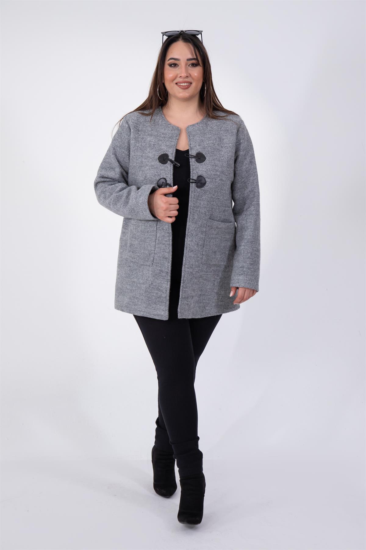 Büyük Beden 333759 Bisiklet Yaka Melanjlı Kaşe Kaban  Gri