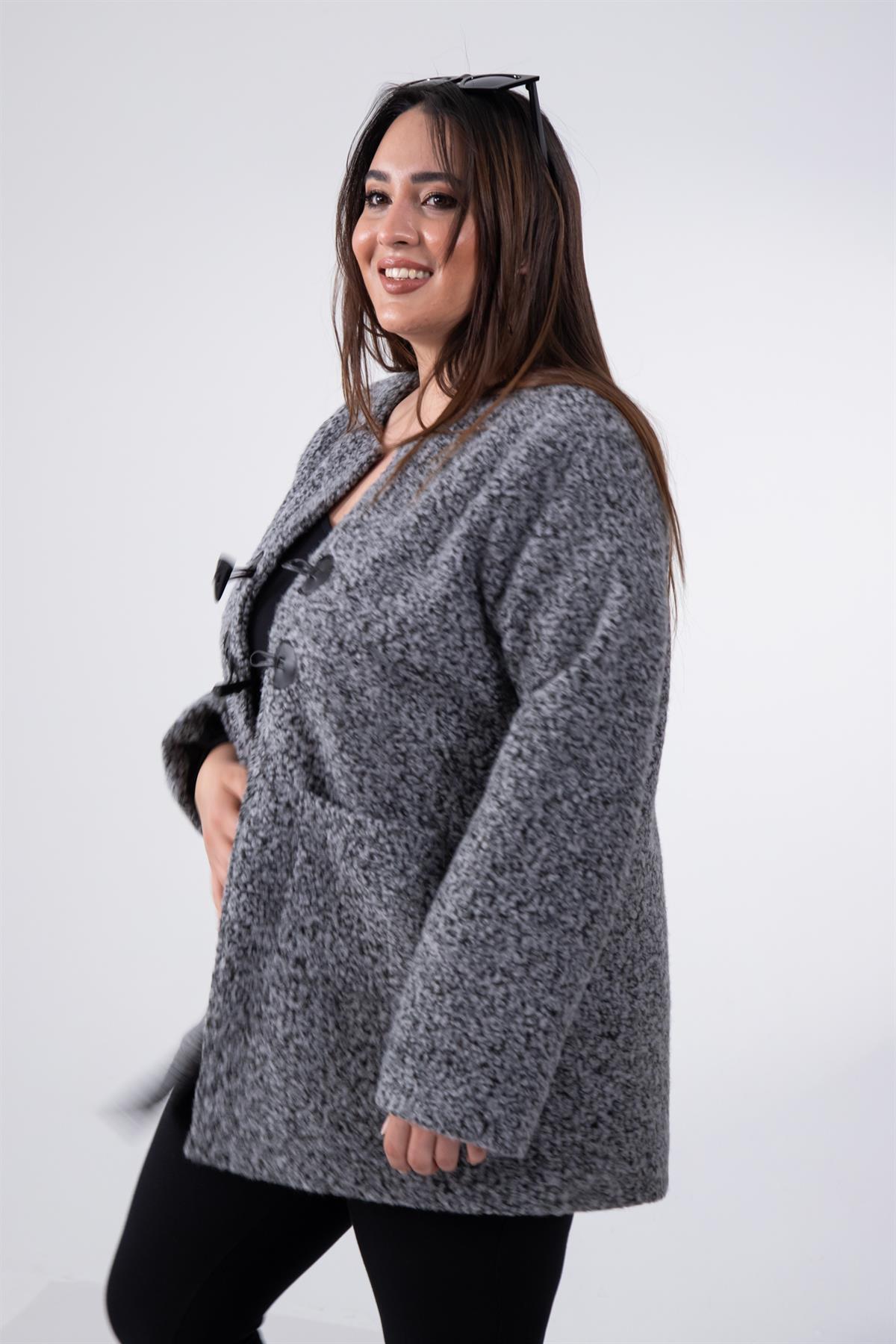 Büyük Beden 333759 Bisiklet Yaka Melanjlı Kaşe Kaban  Antrasit