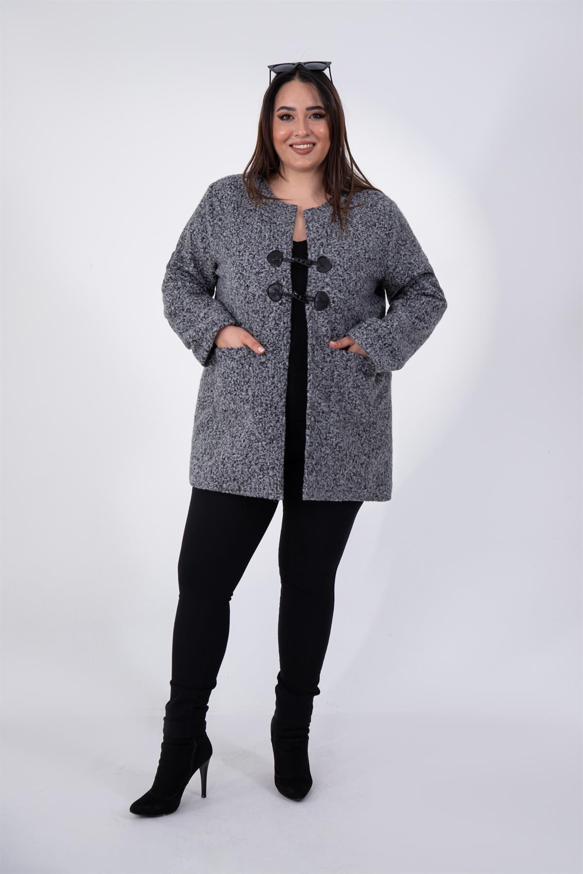 Büyük Beden 333759 Bisiklet Yaka Melanjlı Kaşe Kaban  Antrasit