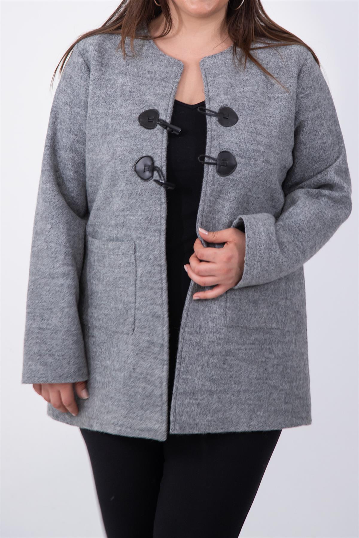 Büyük Beden 333759 Bisiklet Yaka Melanjlı Kaşe Kaban  Gri