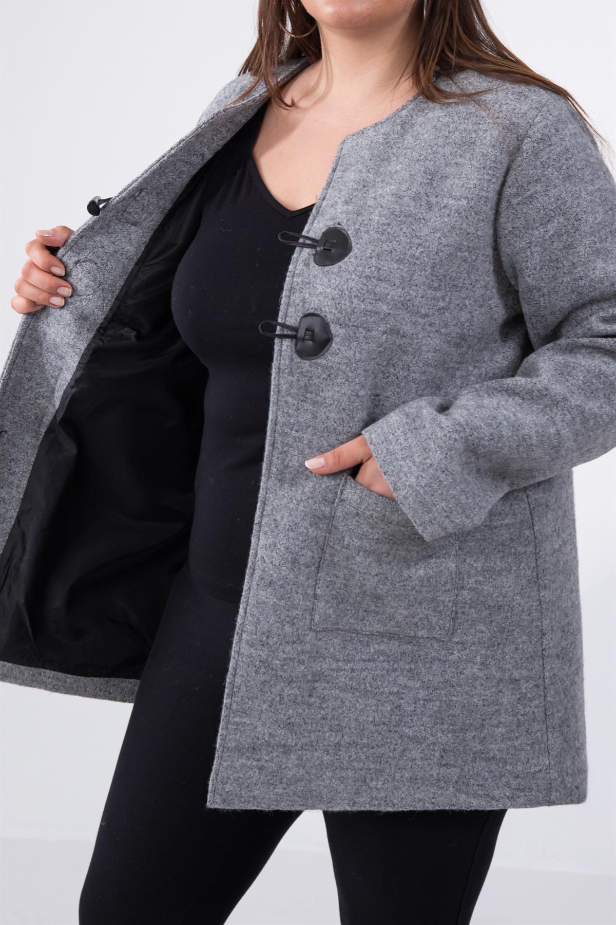 Büyük Beden 333759 Bisiklet Yaka Melanjlı Kaşe Kaban  Gri