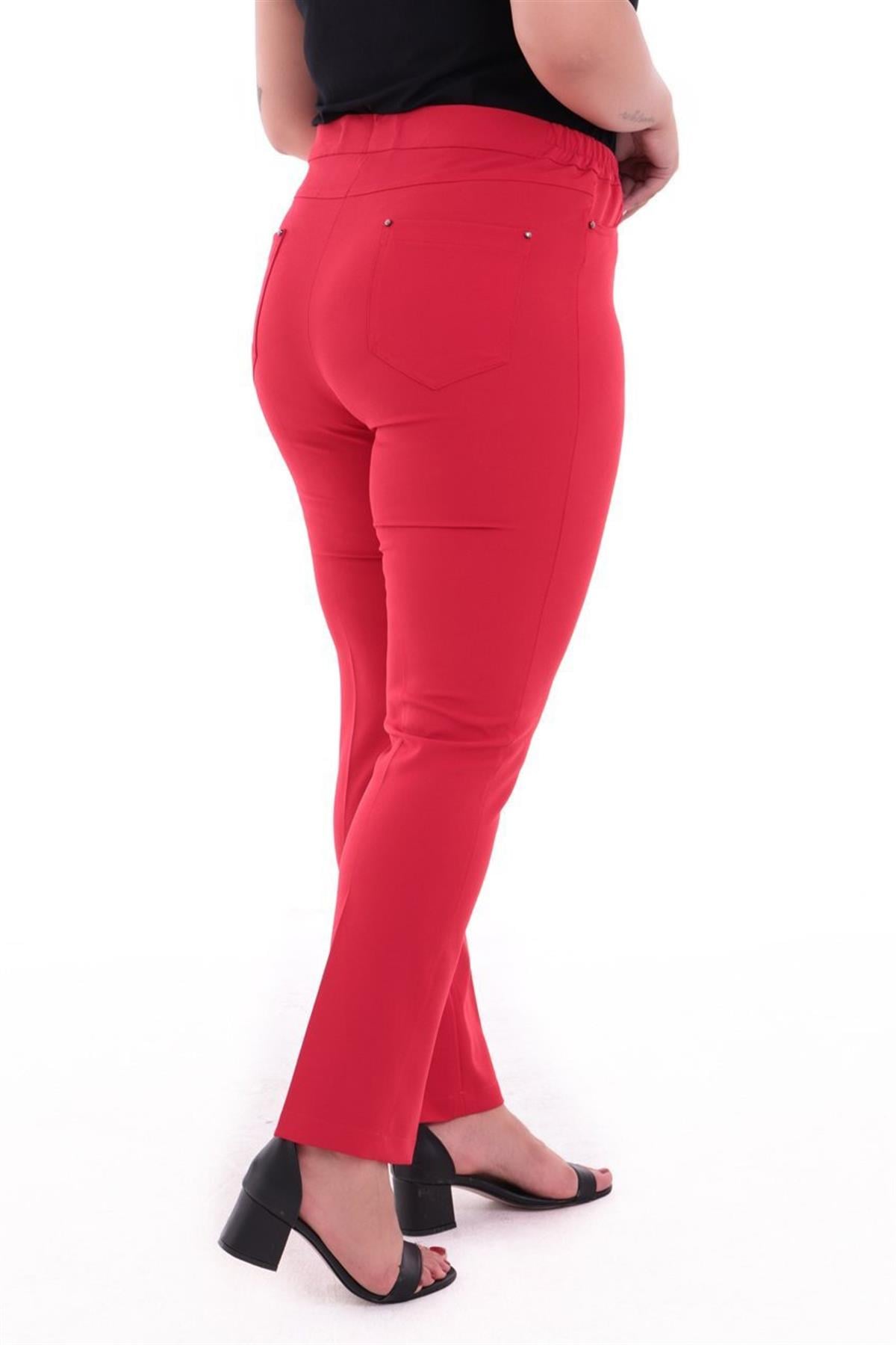 Büyük Beden 4008 Tuvid Lastikli Pantolon Kırmızı