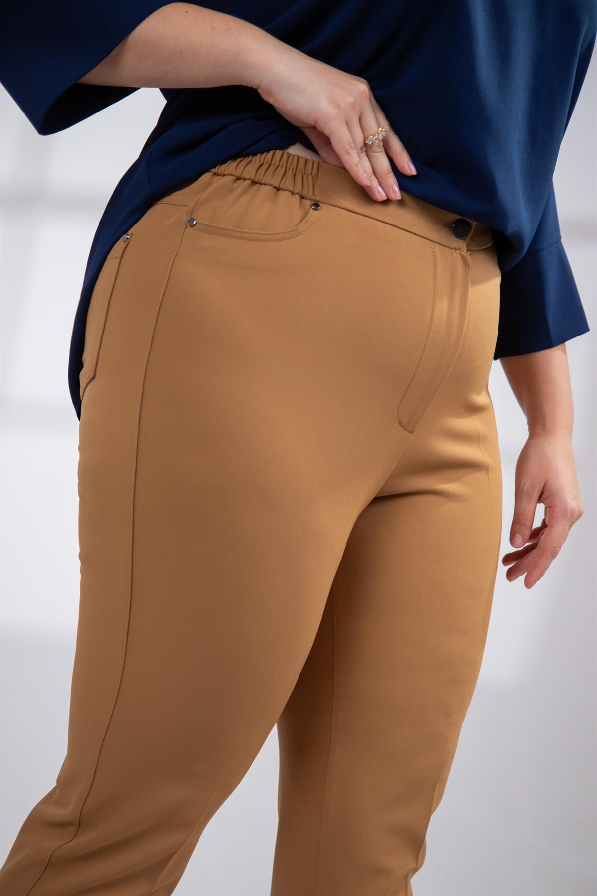 Büyük Beden 4008 Tuvid Lastikli Pantolon Camel