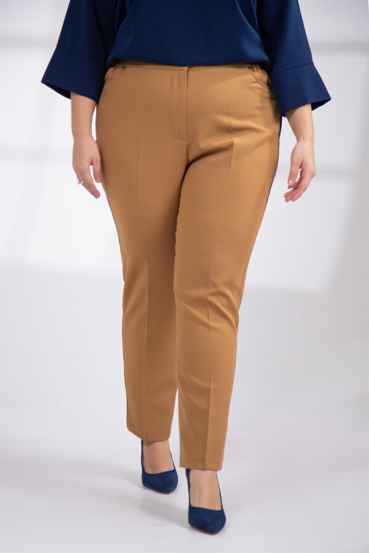 Büyük Beden 4008 Tuvid Lastikli Pantolon Camel