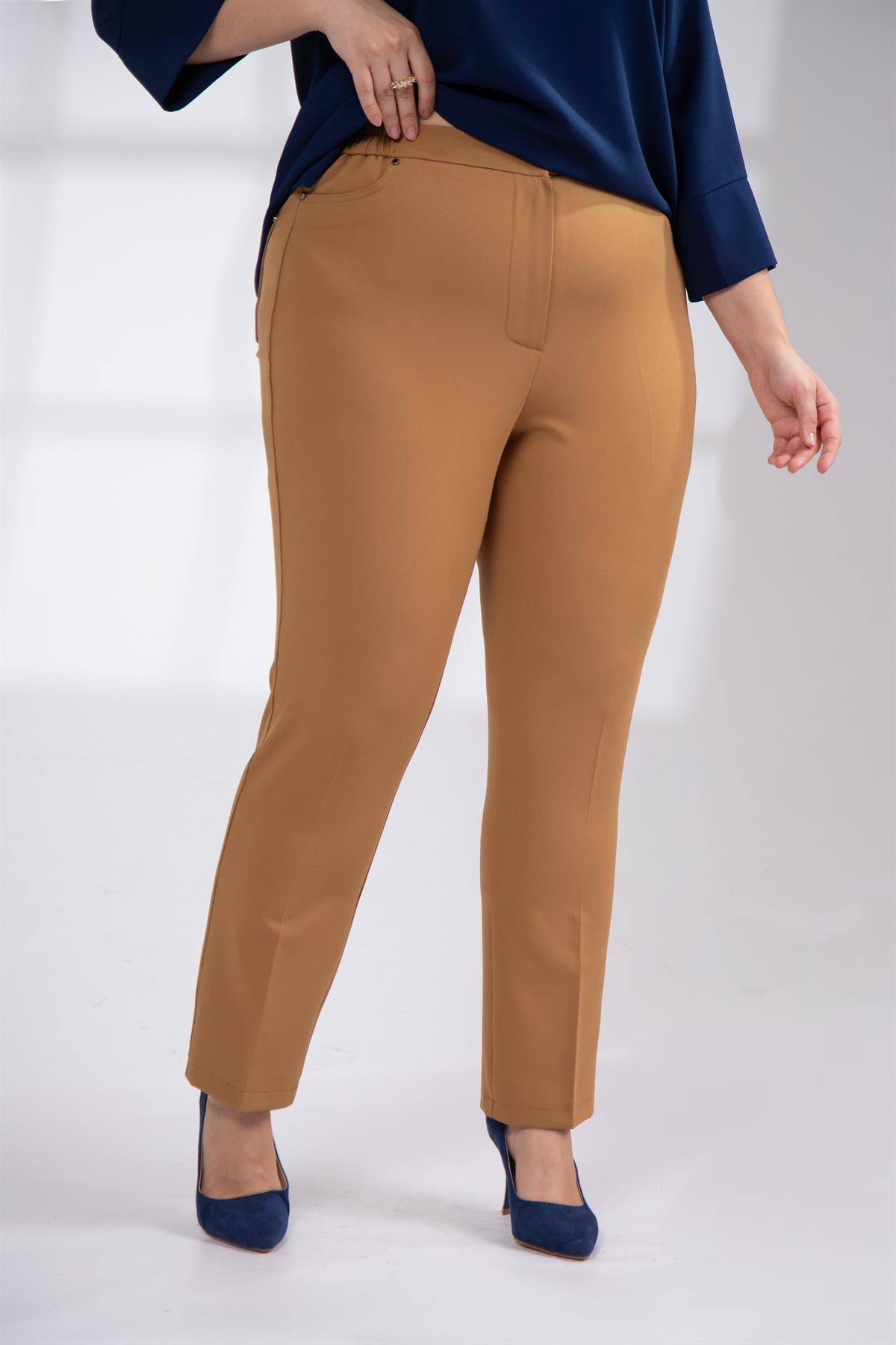 Büyük Beden 4008 Tuvid Lastikli Pantolon Camel