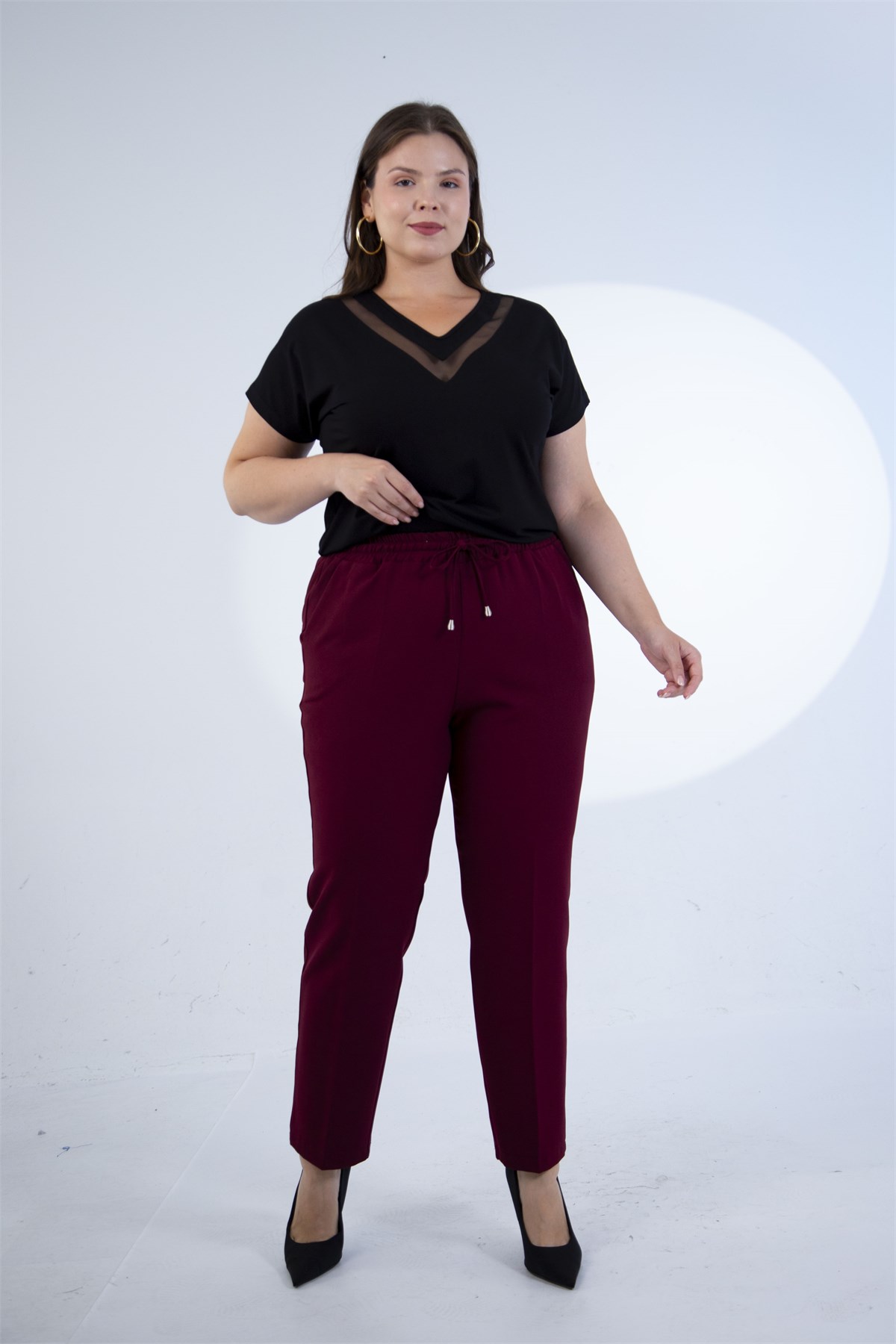 Büyük Beden 4010 Beli Bağcıklı Pantolon  Bordo