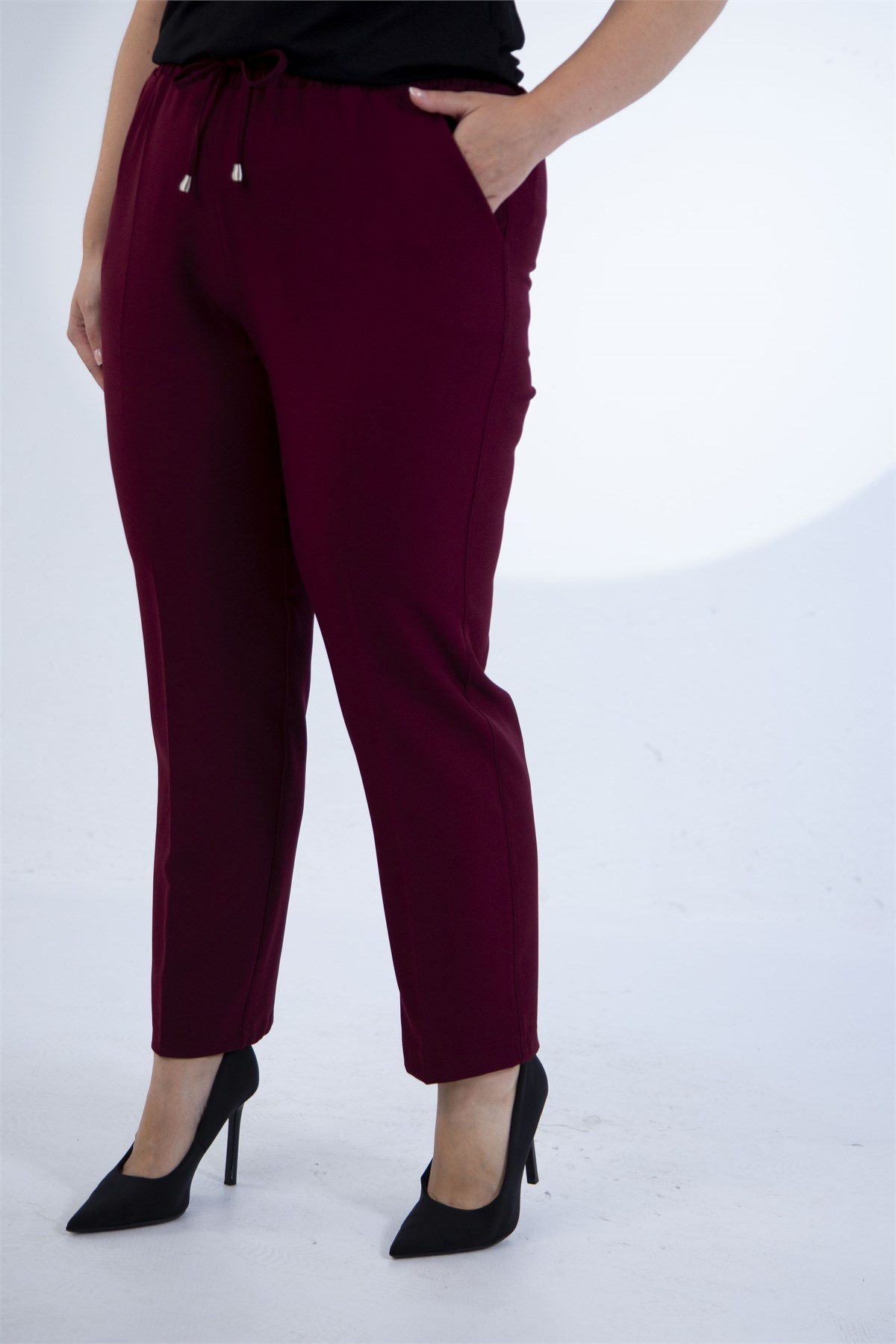 Büyük Beden 4010 Beli Bağcıklı Pantolon  Bordo