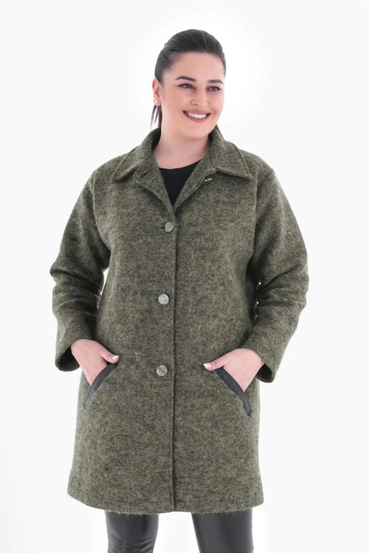 Büyük Beden 6077 Keçe Kaban  Haki