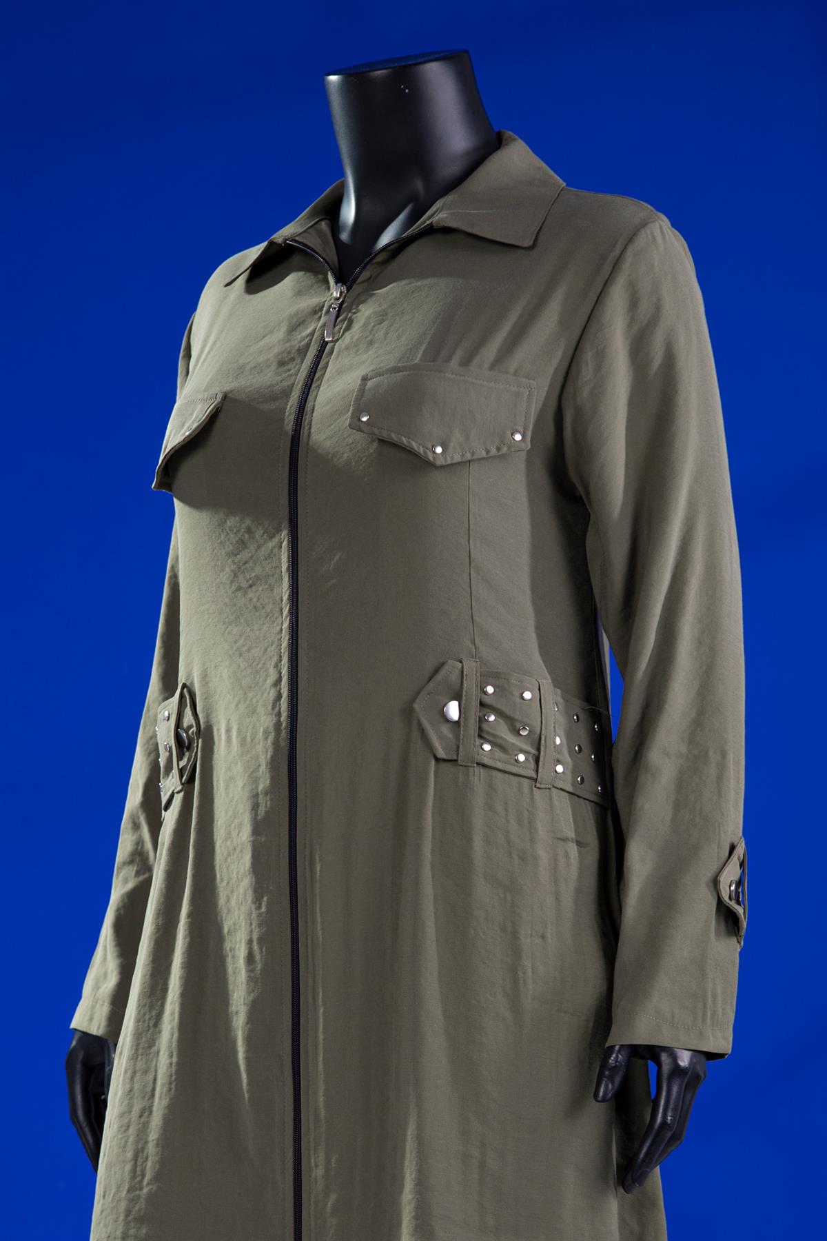 Büyük Beden 7018 Zımbalı Uzun Kap  Haki