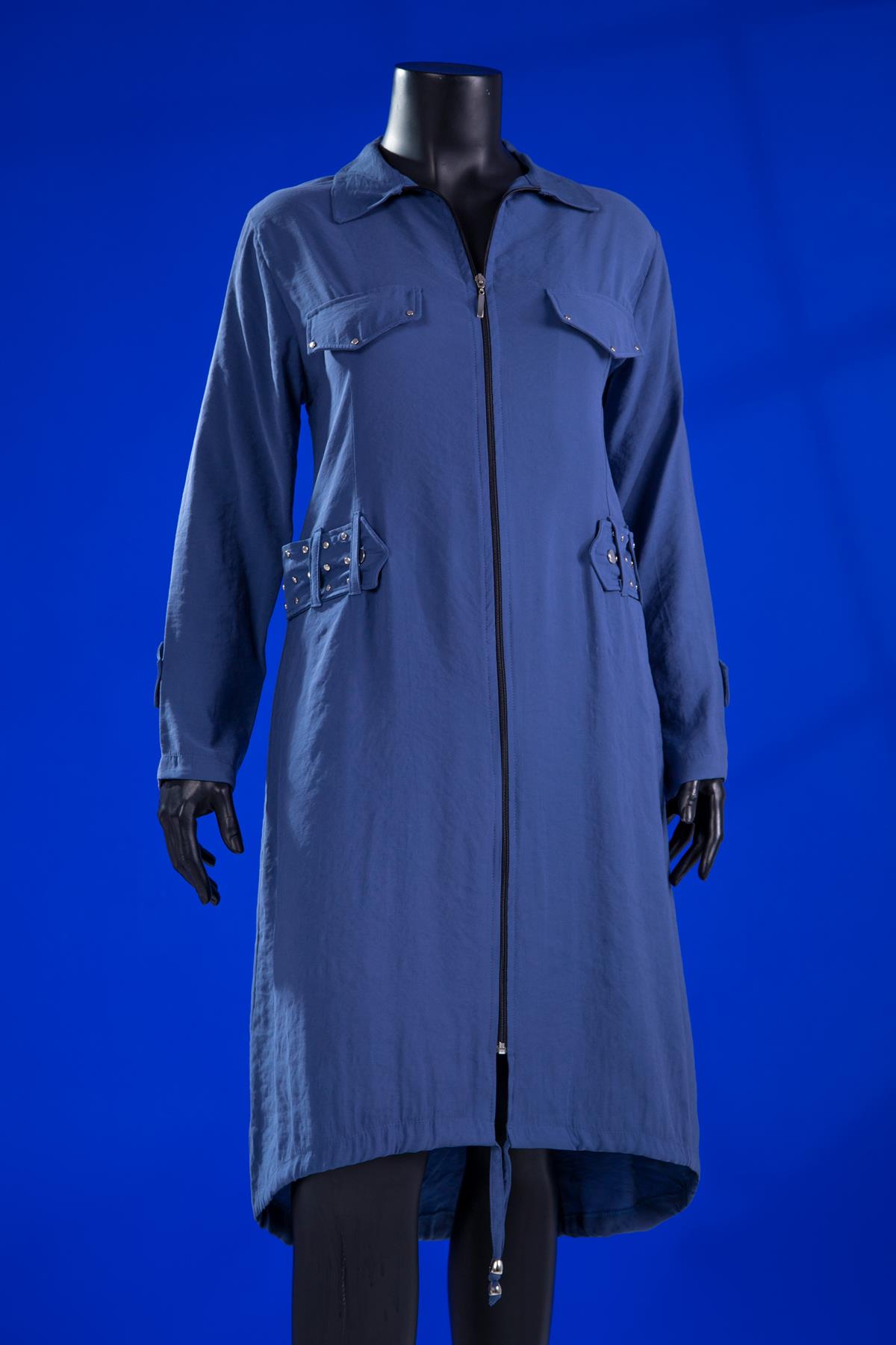 Büyük Beden 7018 Zımbalı Uzun Kap  İndigo