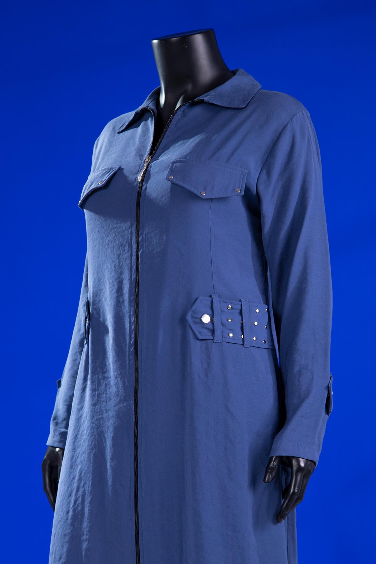 Büyük Beden 7018 Zımbalı Uzun Kap  İndigo