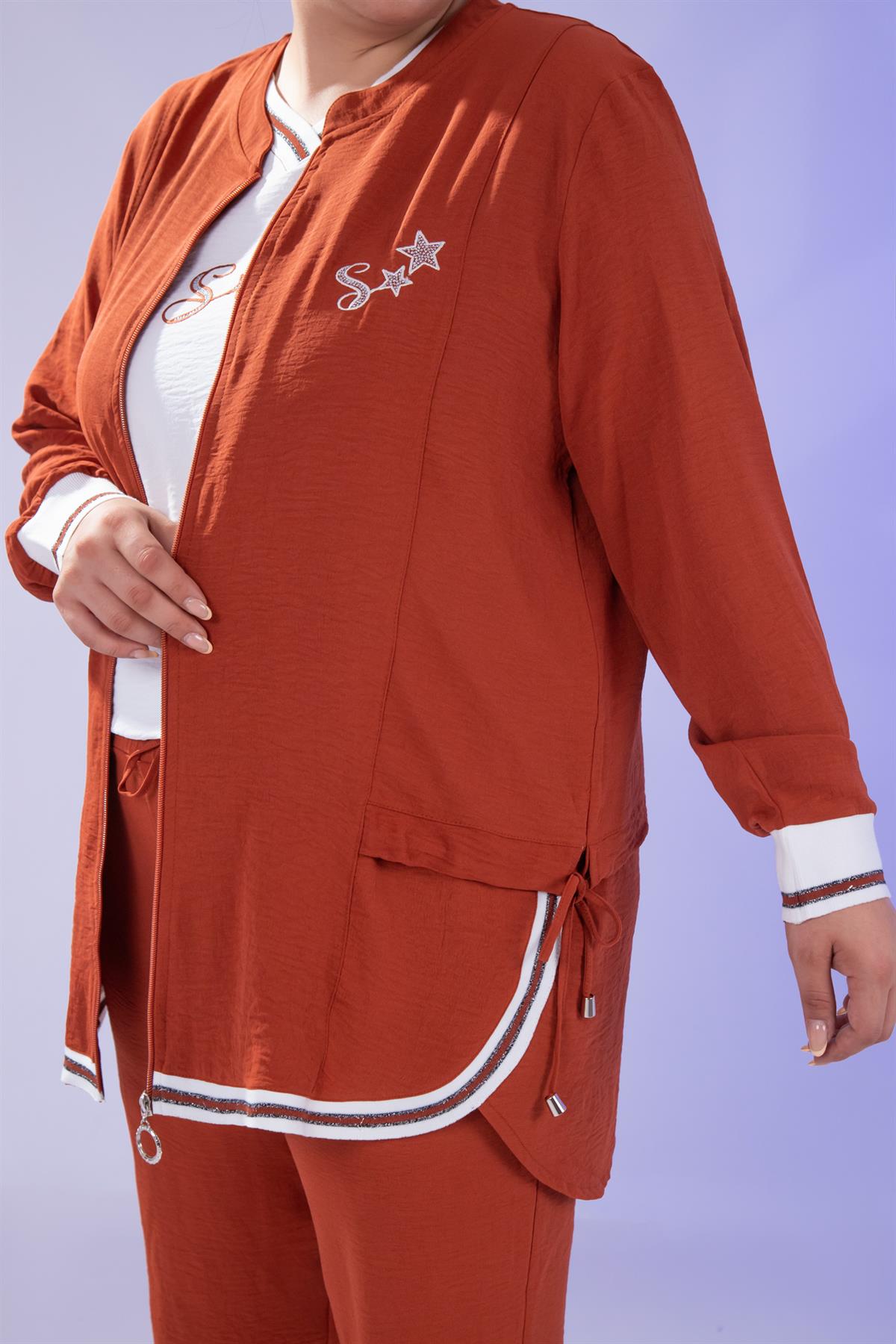 Büyük Beden 76149 Yıldız Nakışlı 3Lü  Takım Kiremit