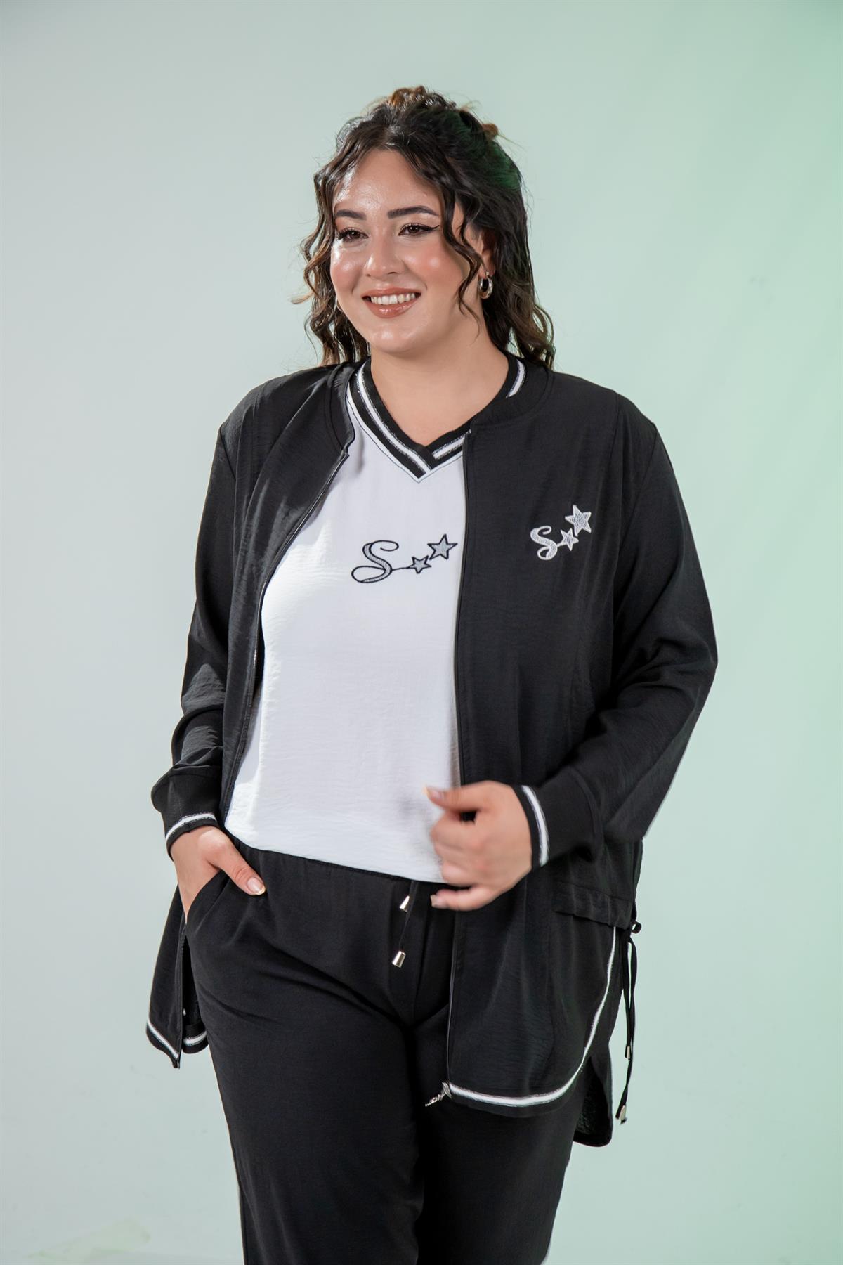 Büyük Beden 76149 Yıldız Nakışlı 3Lü  Takım Siyah