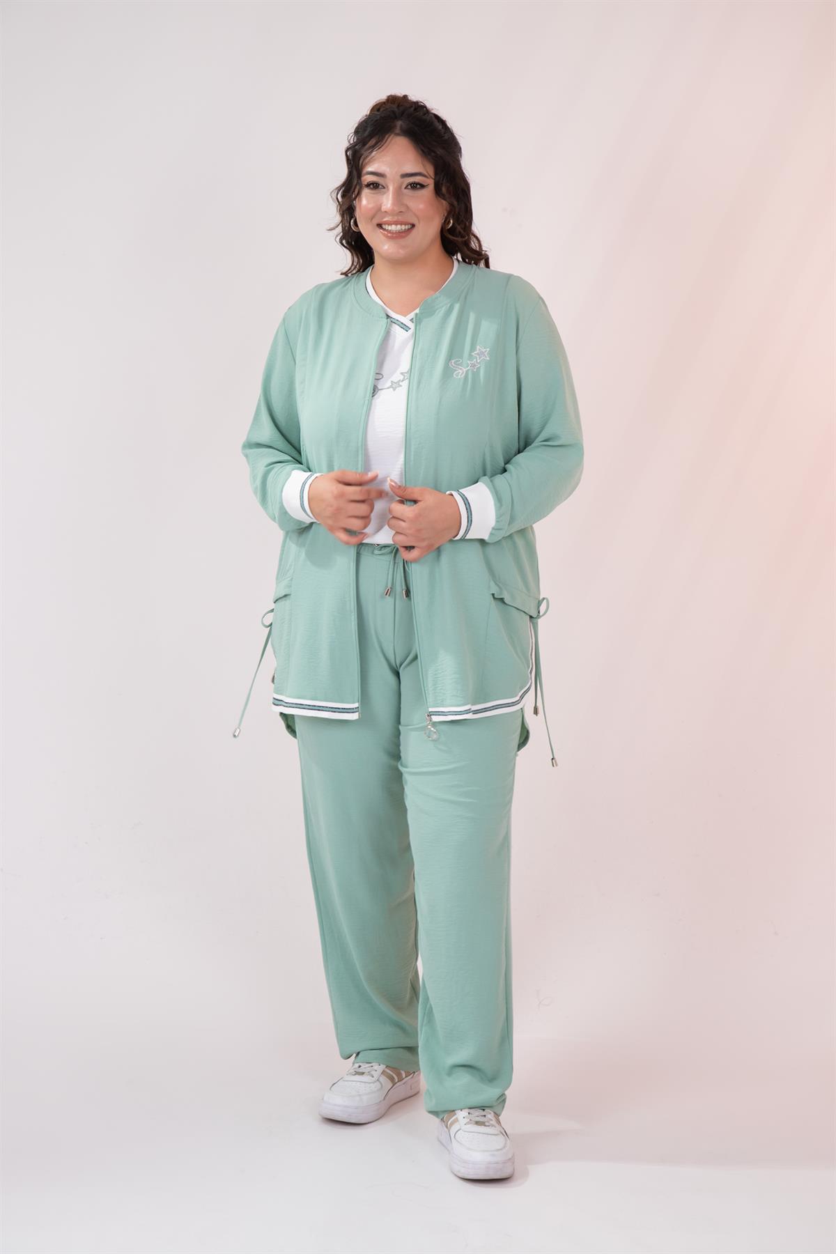 Büyük Beden 76149 Yıldız Nakışlı 3Lü  Takım Yeşil