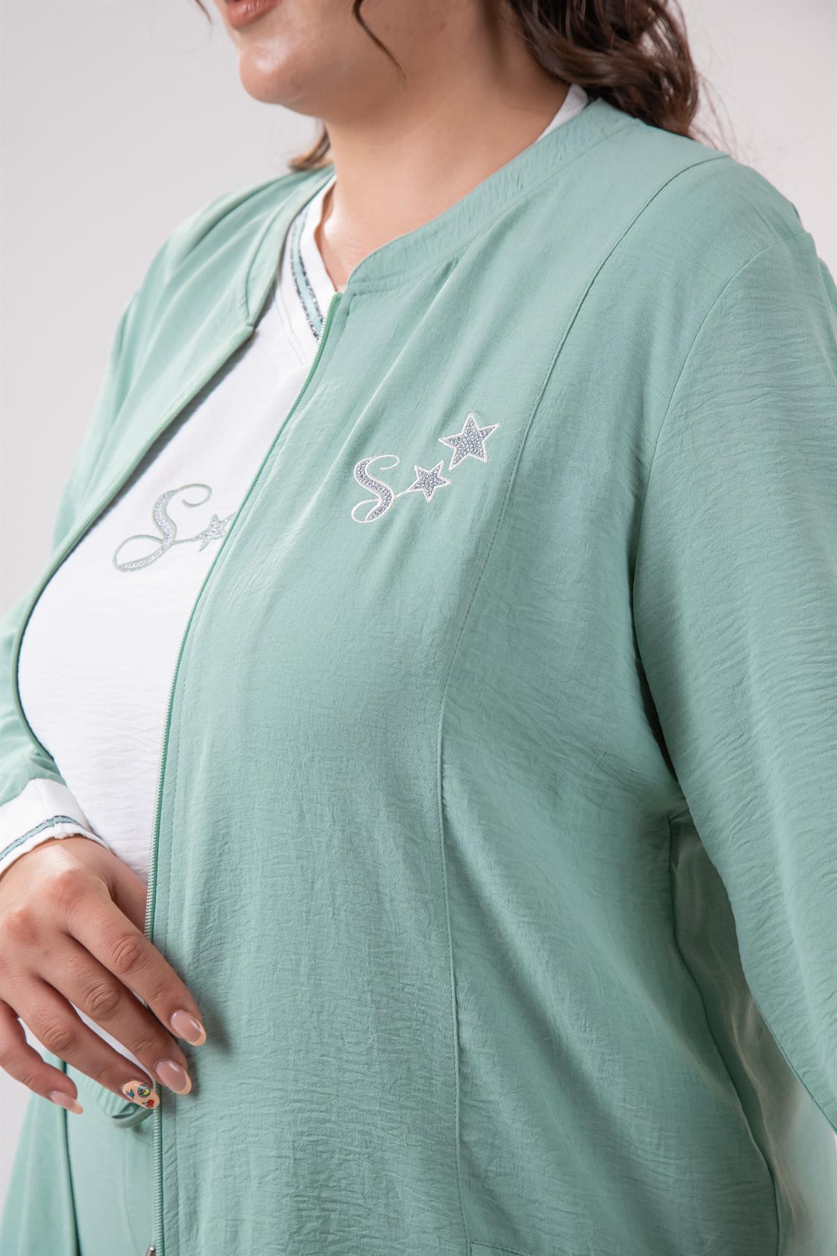 Büyük Beden 76149 Yıldız Nakışlı 3Lü  Takım Yeşil