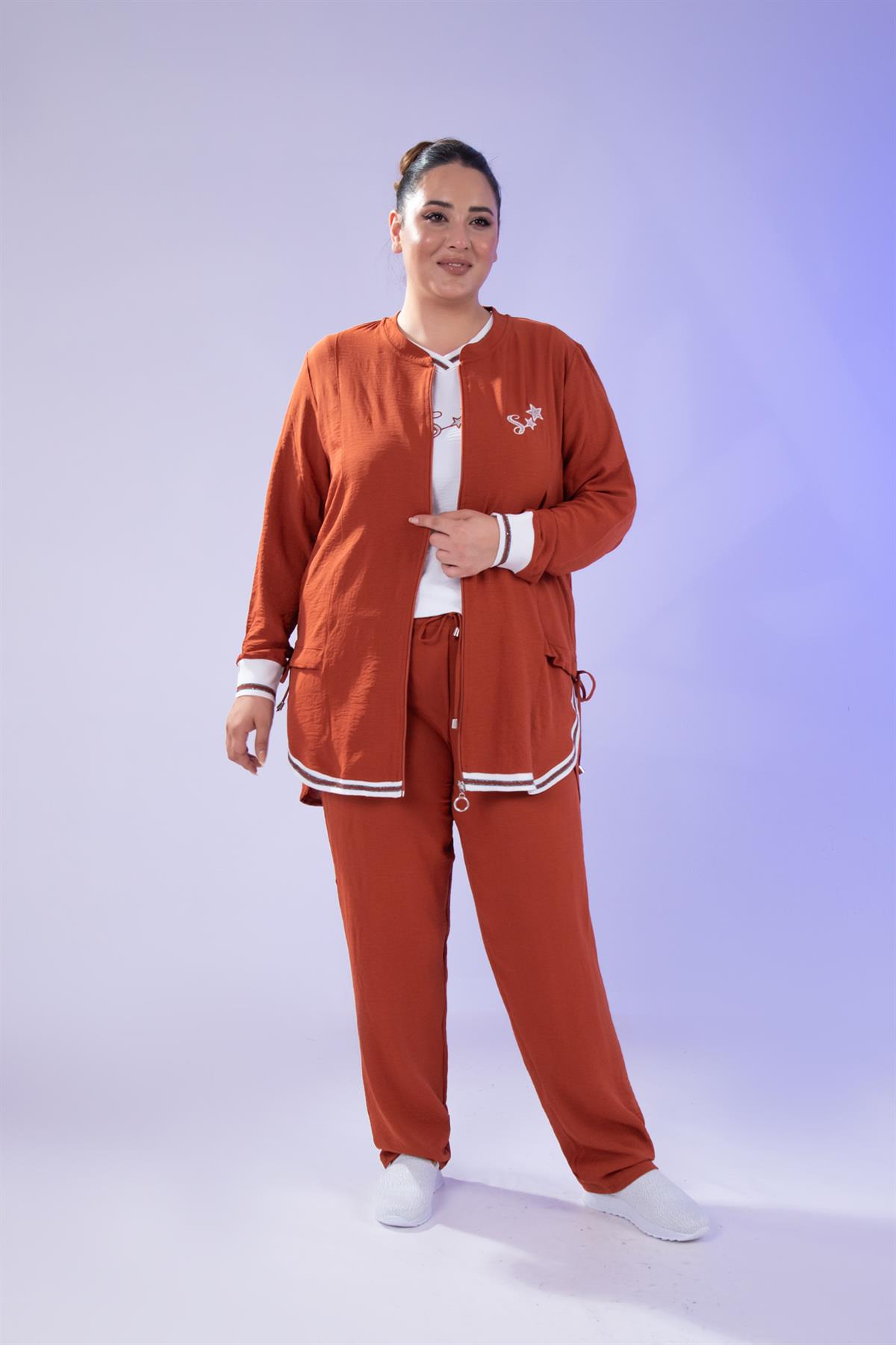 Büyük Beden 76149 Yıldız Nakışlı 3Lü  Takım Kiremit