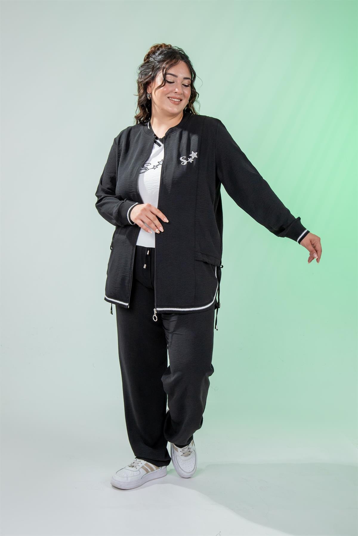 Büyük Beden 76149 Yıldız Nakışlı 3Lü  Takım Siyah