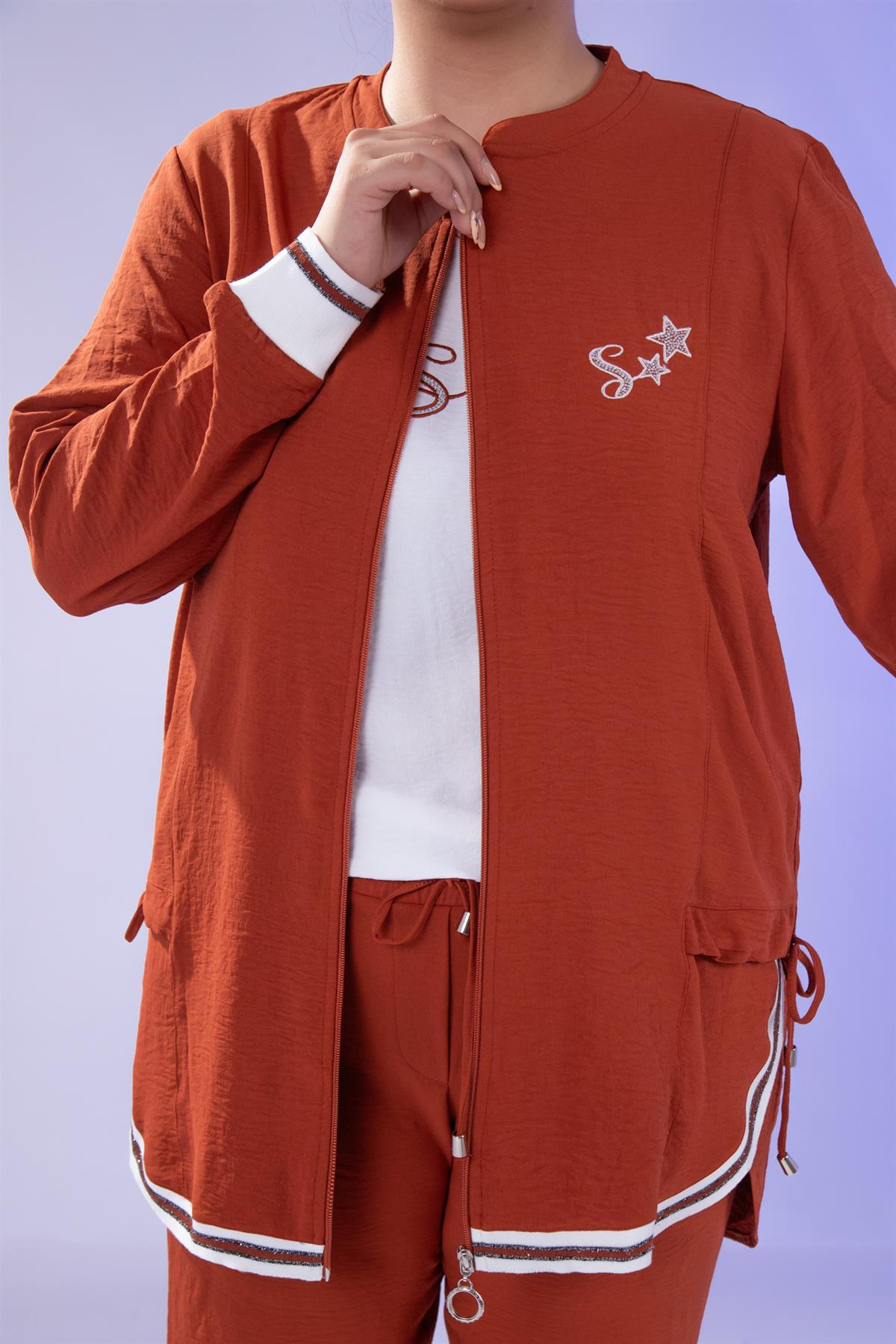 Büyük Beden 76149 Yıldız Nakışlı 3Lü  Takım Kiremit