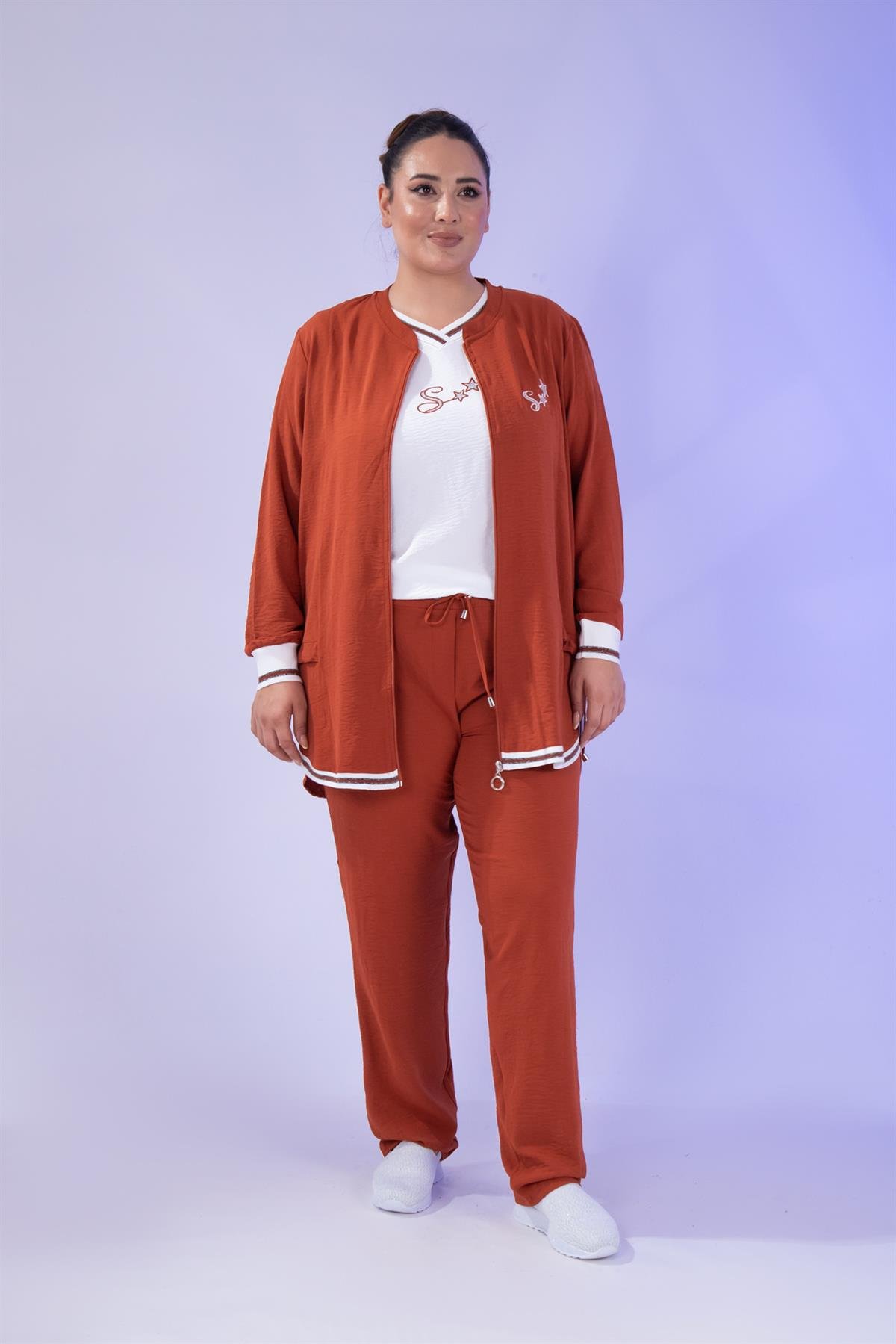 Büyük Beden 76149 Yıldız Nakışlı 3Lü  Takım Kiremit