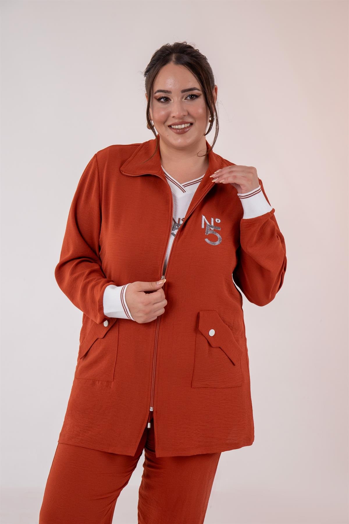 Büyük Beden 76326 Fermuarlı Cepli 3Lü Takım  Kiremit