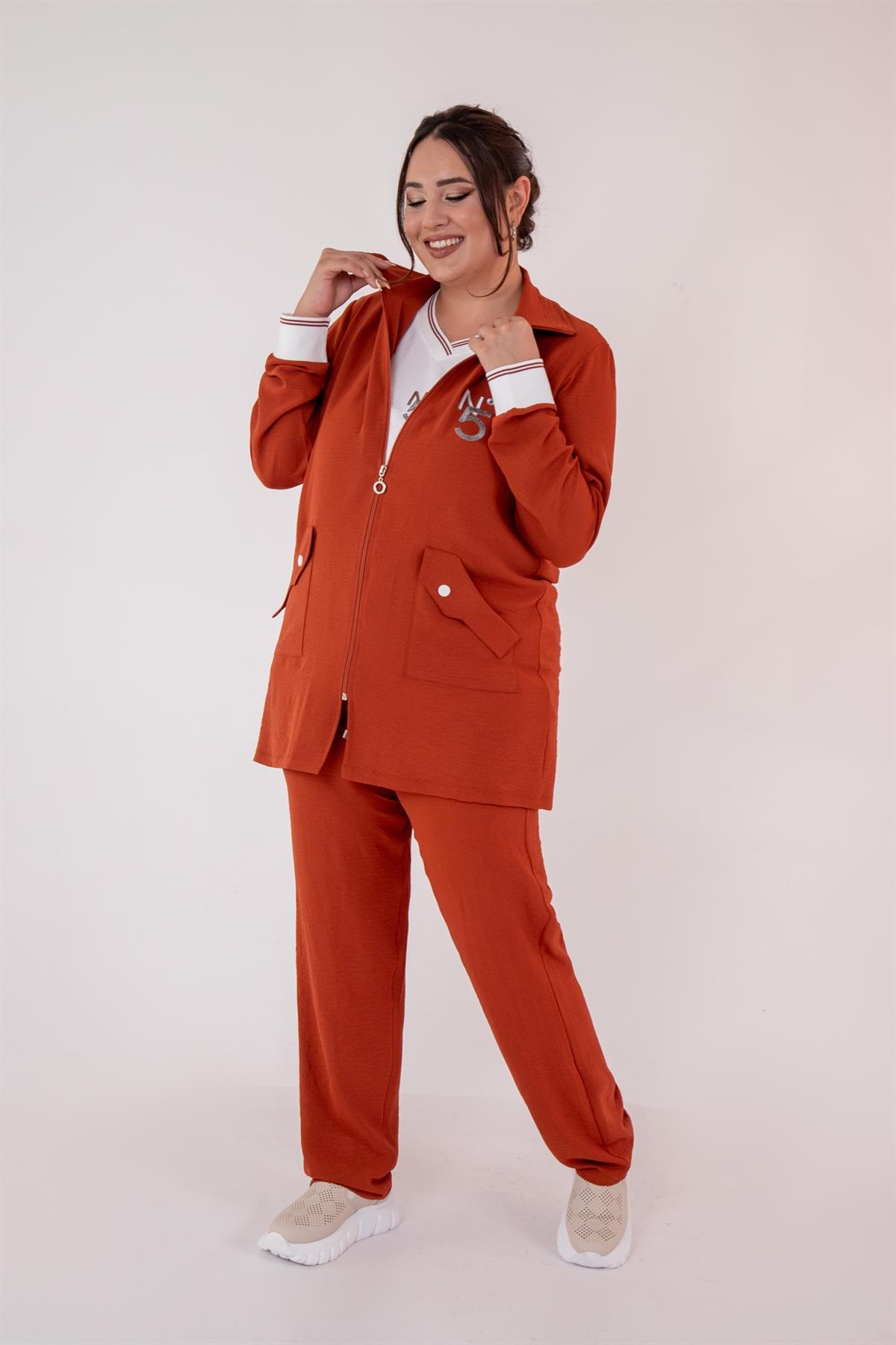 Büyük Beden 76326 Fermuarlı Cepli 3Lü Takım  Kiremit