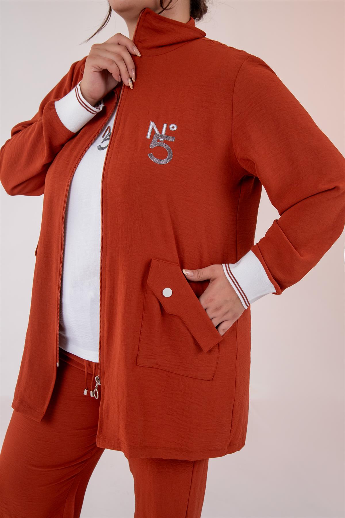 Büyük Beden 76326 Fermuarlı Cepli 3Lü Takım  Kiremit